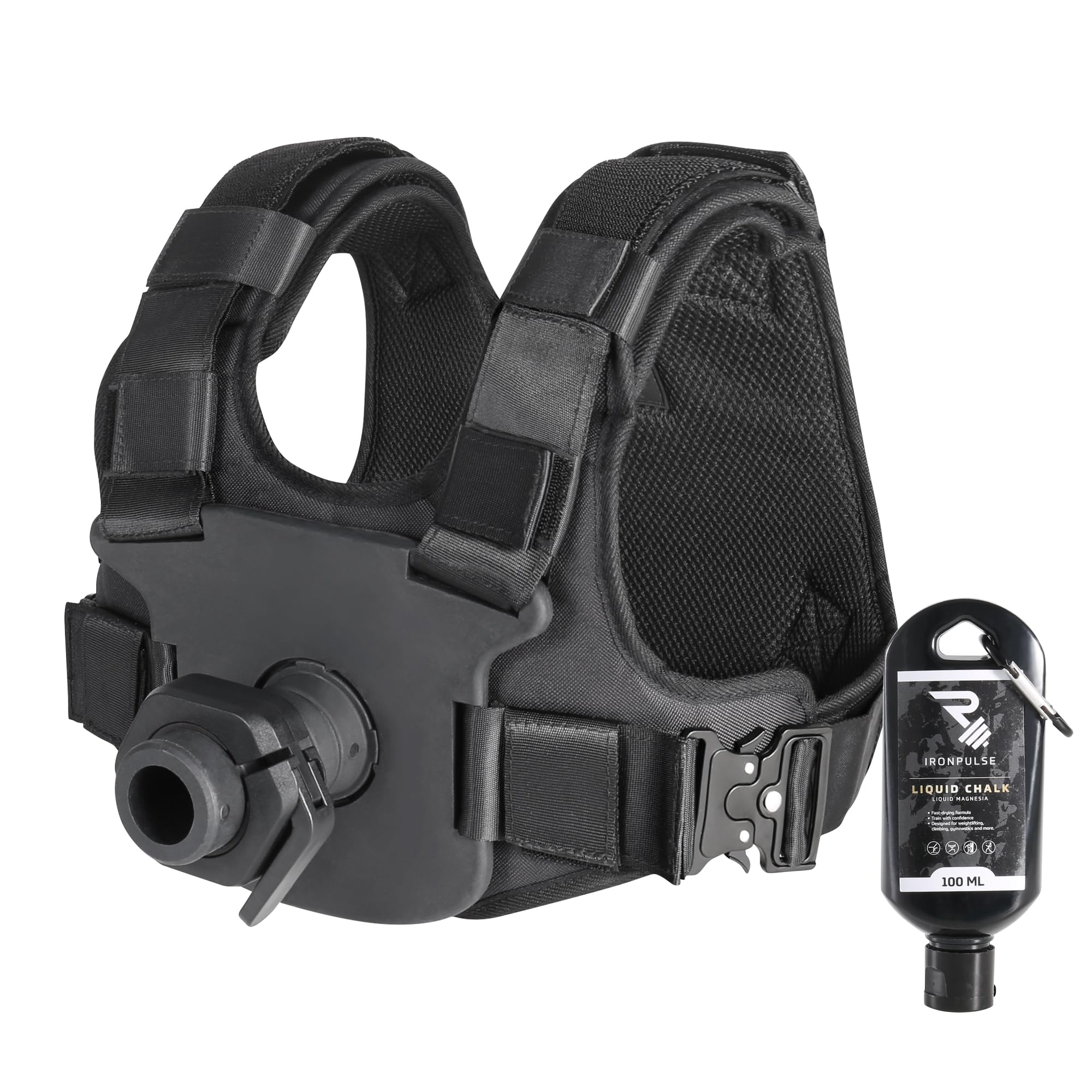 IRONPULSE® | Kit Gilet Lesté Musculation, Crossfit, Running – Compatible Poids Standard Ø50mm – 80 kg Max – 2 Colliers Stop Disque & Magnésie Liquide Inclus
