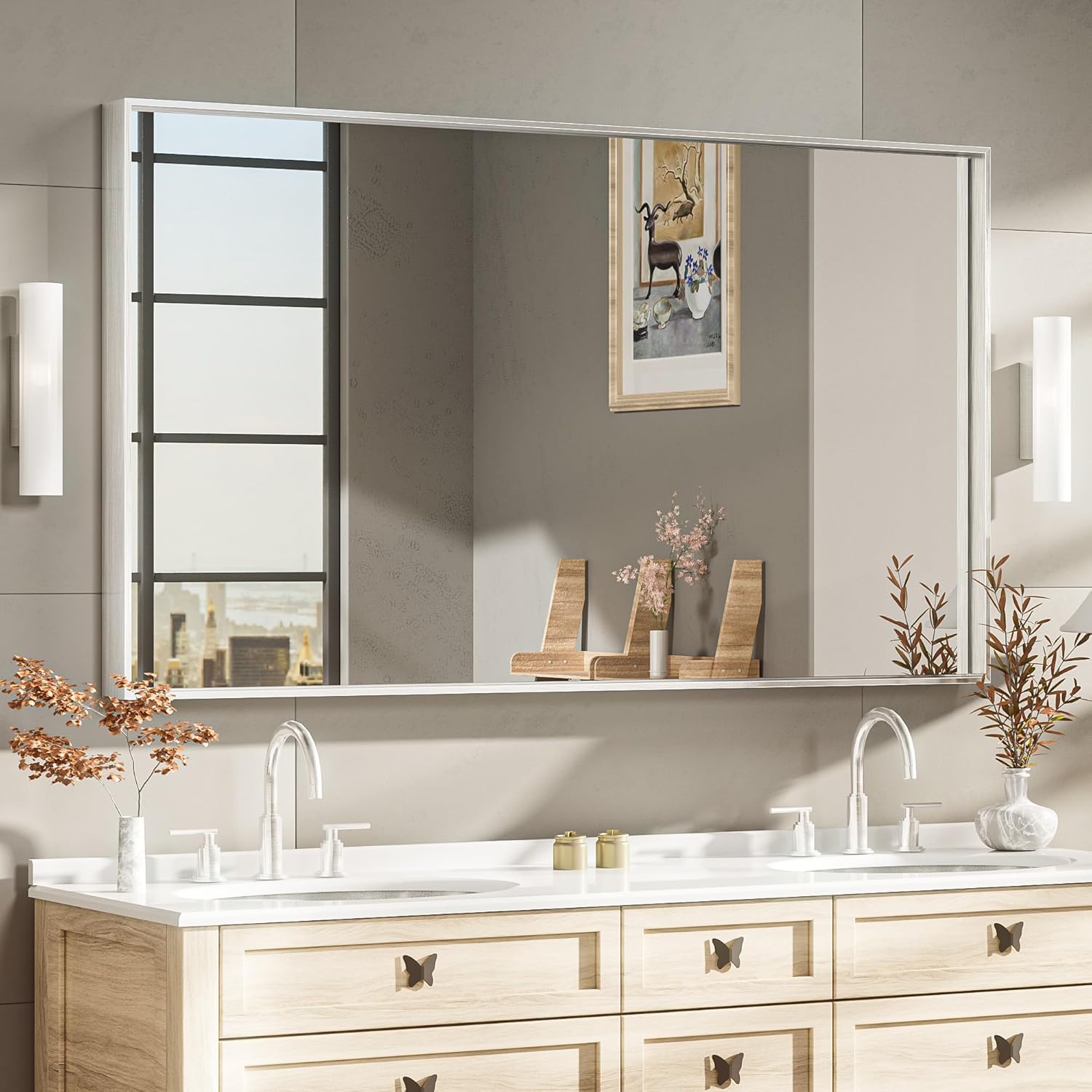 TETOTE 48x30 Inch Brushed Silver Bathroom Mirror Framed Mirror for Bathroom Large Rectangle Metal Frame Farmhouse Modern Rectangular Bathroom Vanity Mirror for Wall Decor(Horizontal/Vertical)