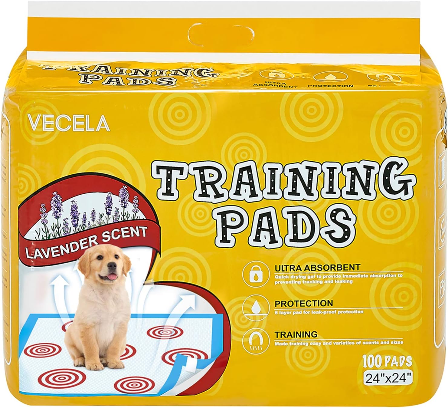 VECELA Pet Training Pads with Guided Circle Printing Regular Heavy Duty 24" x 24"-100Count