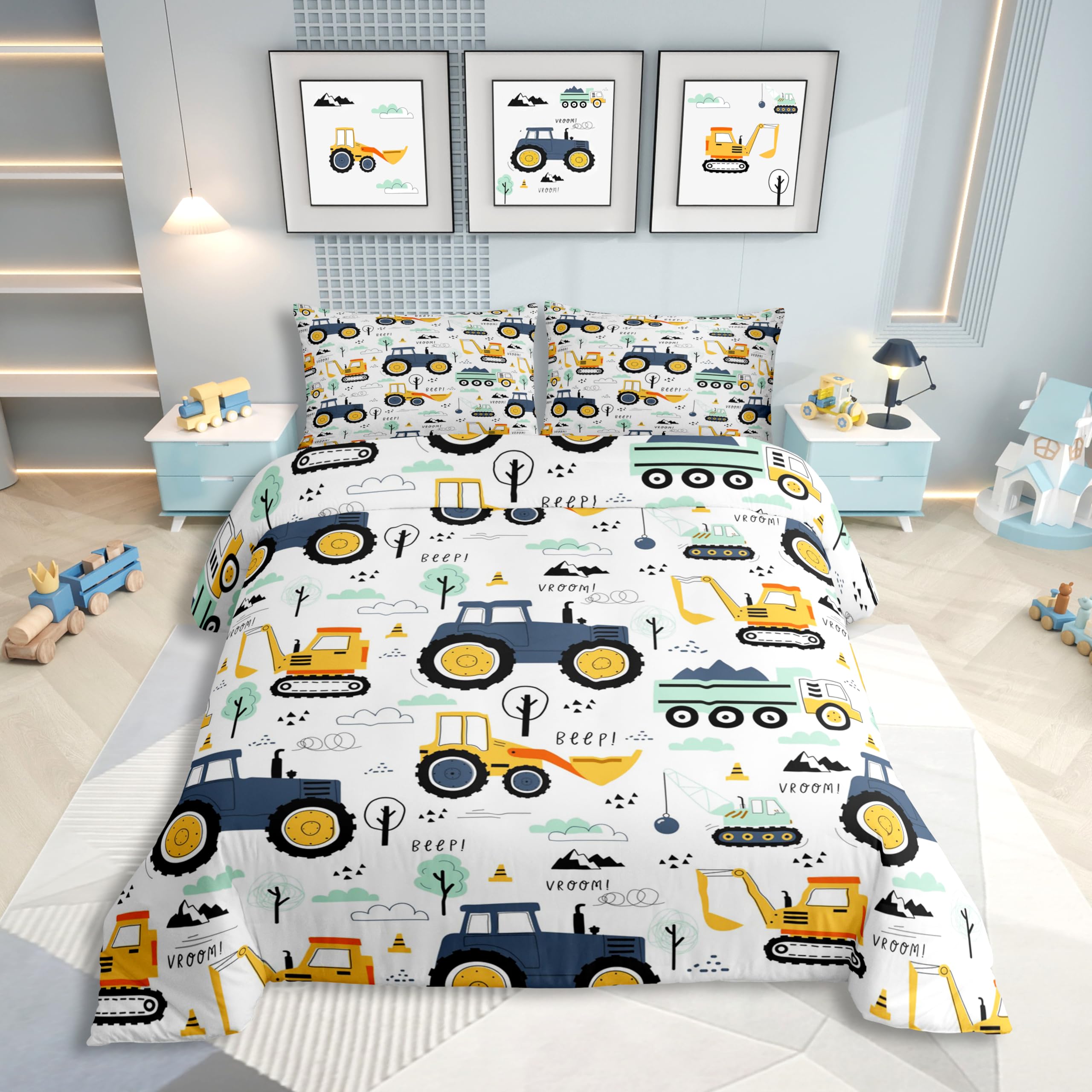Homewish Bagger Bettwäsche Kinder 155X220, Cartoon Auto für Mädchen Jungen Jugendliche Bettbezug Süß Auto Muster LKW Traktor Wendebettwäsche Schlafzimmer Dekor Mikrofaser Mit 80X80 Kissenbezug