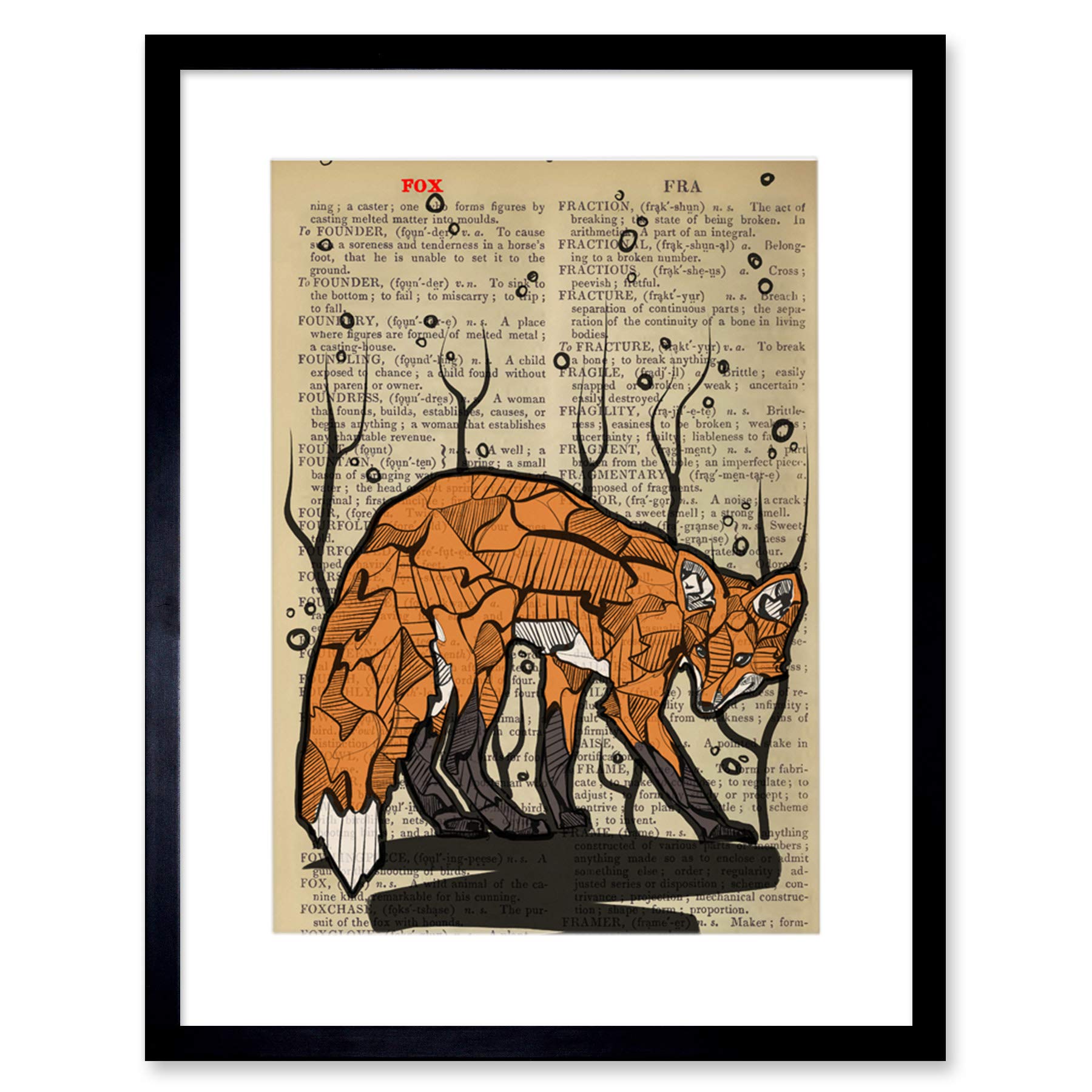 Wee Blue Coo Upcycle Dictionary Fox Artwork Framed Wall Art Print 12X16 Inch