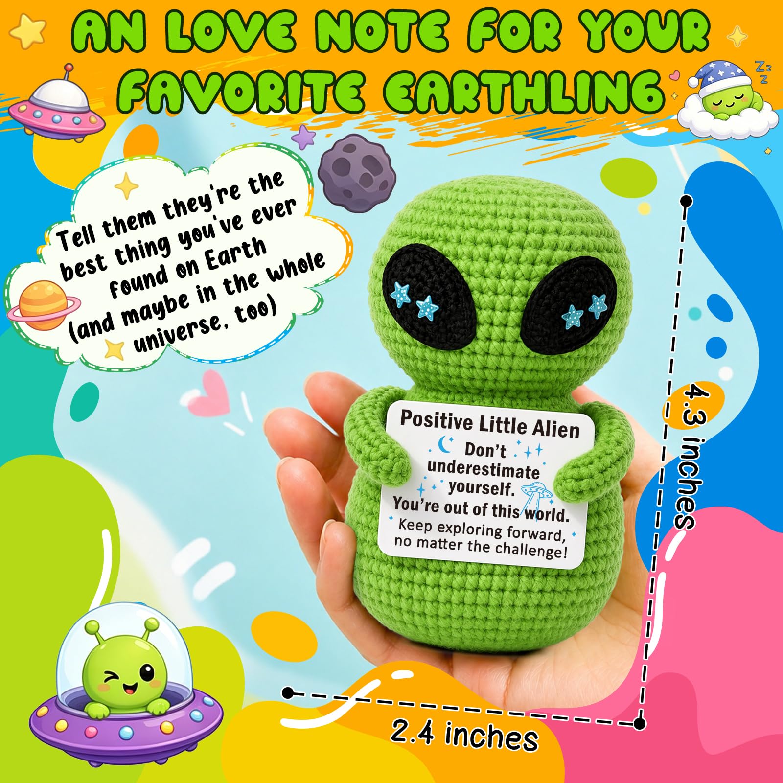 Xinezaa Emotional Positive Support Little Alien Crochet, Graduation Birthday Gifts for Son Daughter Teens Boys Girls, Inspirational Gifts for Women Men Friend Coworker, Handmade Green Alien