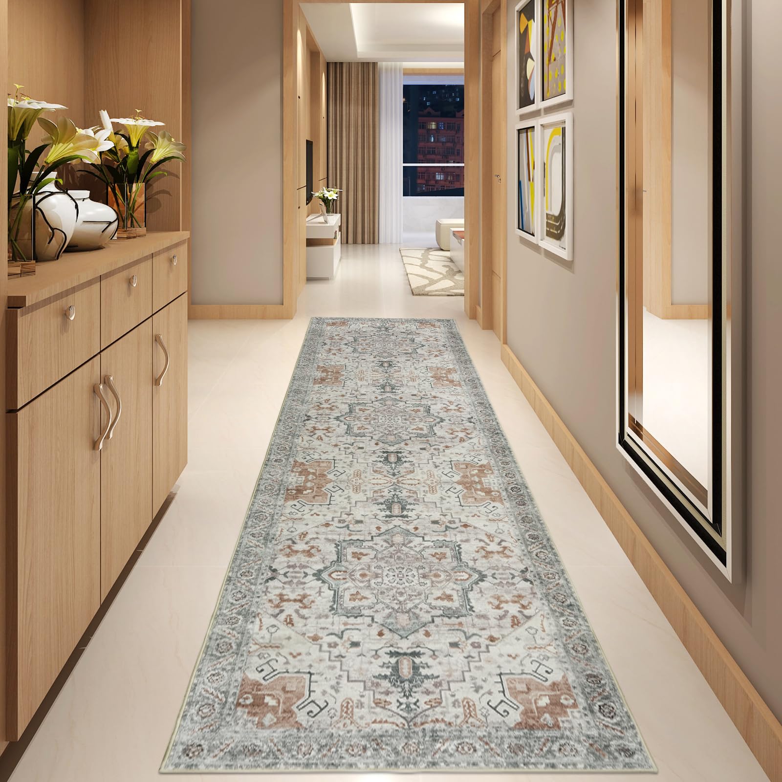 Famibay Alfombra de pasillo, extra larga, 60 x 300 cm, lavable, antideslizante, para pasillo, estilo vintage, boho, alfombra de cocina para entrada, escalera, pasillo, dormitorio