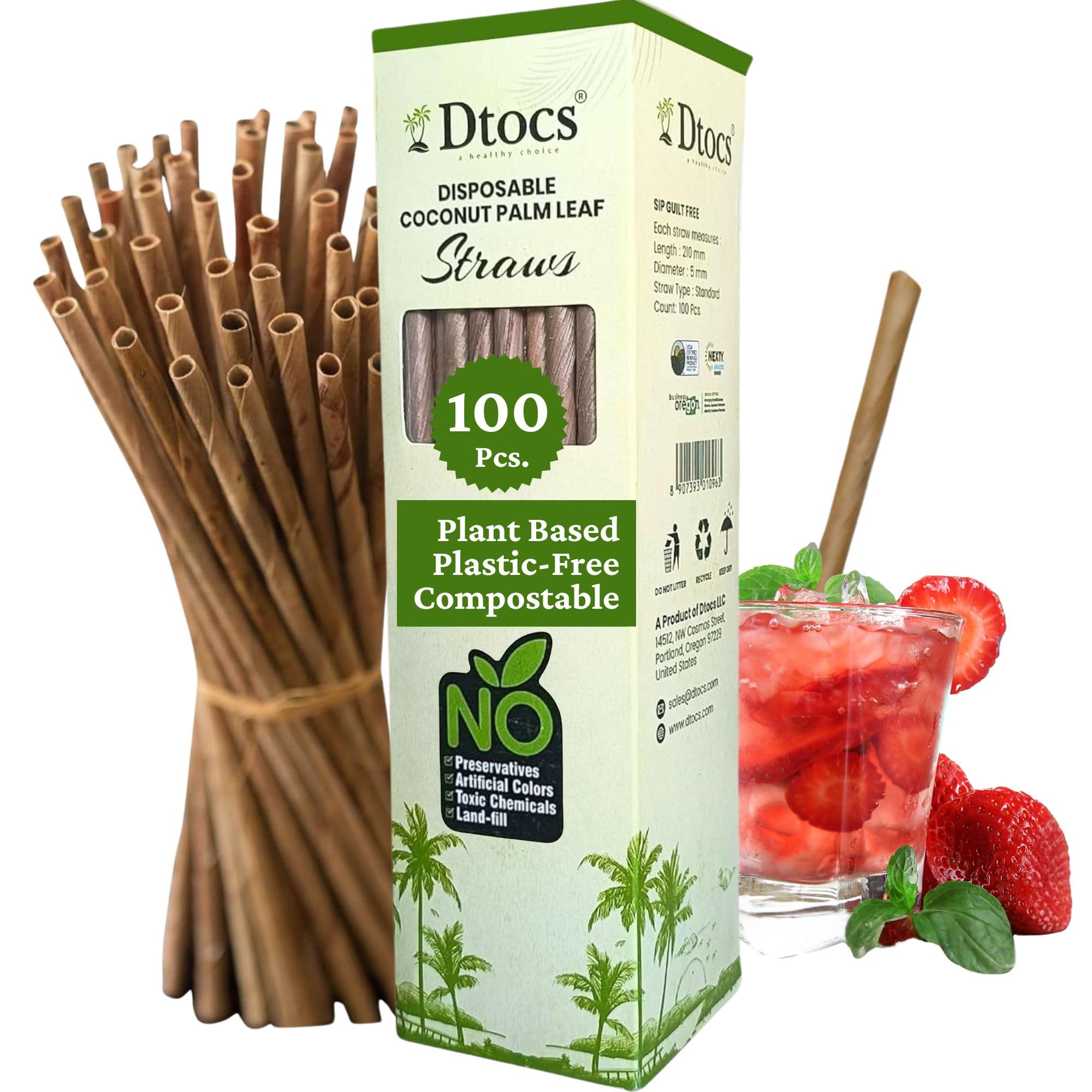 Coconut Leaf Straws 8 Inch (100 Pcs.) | Bamboo Straws Look | Eco-Friendly Alternative to Plastic, Silicone, Wood, Paper Straw | Great for Smoothies, Cocktails, and Party Drinks