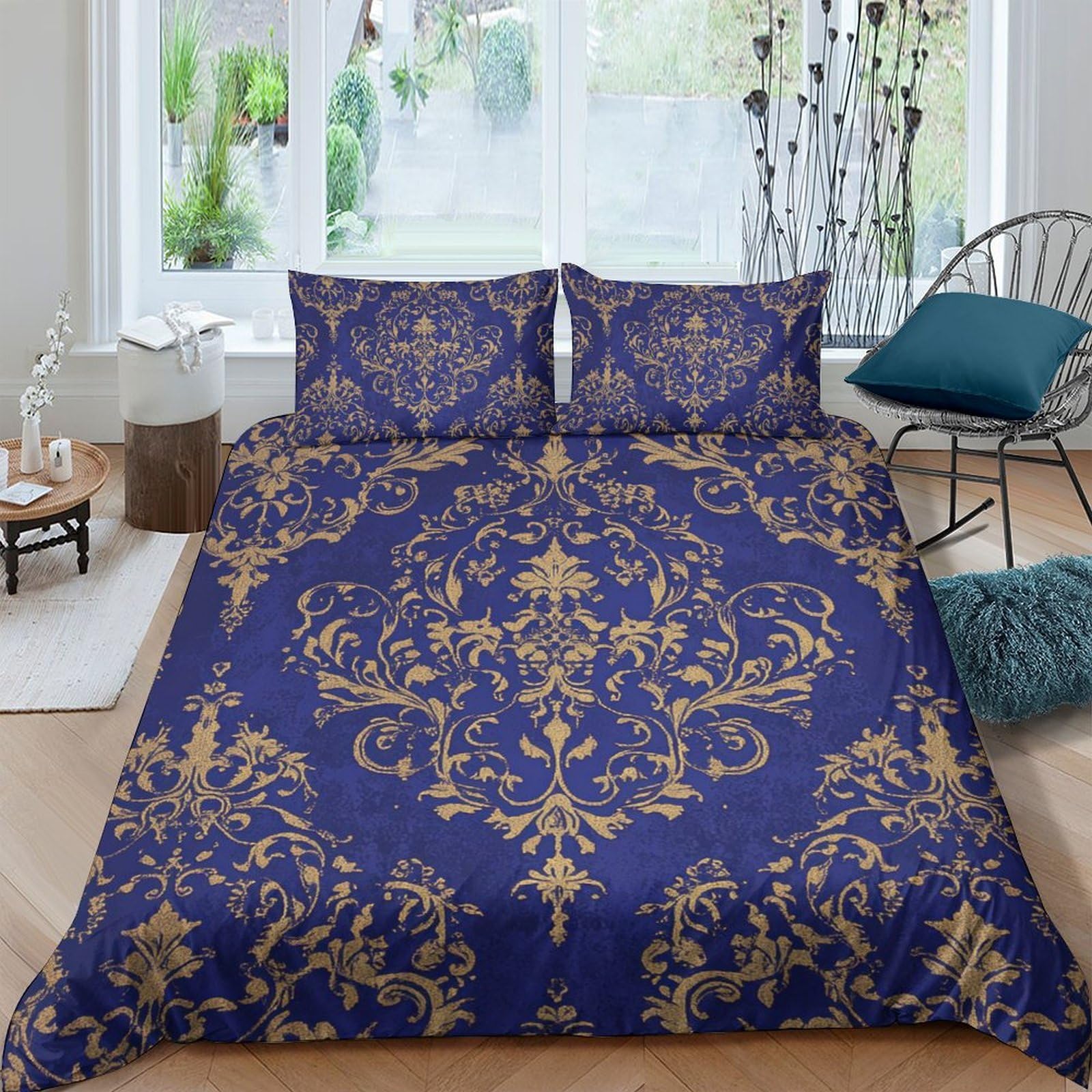 Ctjqhvkz Style-2 3D Printed Royal Blue Baroque Fitted Sheet Microfiber Bedroom Decor Gold Damask Bed Cover For Home Dorm Guest Room Single（135X200cm）