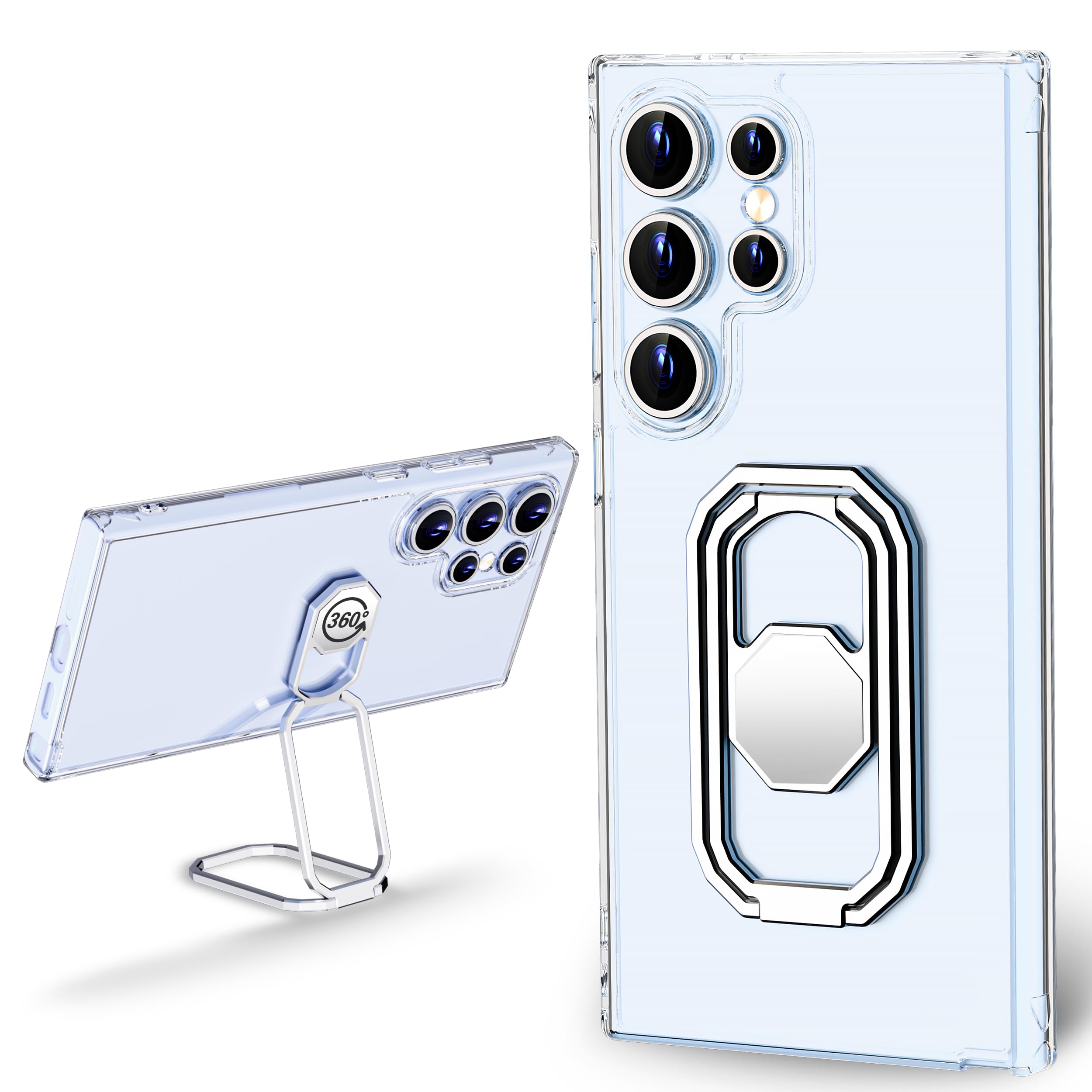 WINTONG for Galaxy S23 Ultra Case with Metal Stand, for Samsung S23 Ultra Case Clear with Double Ring Holder Finger Kickstand [Foldable & Adjustable]