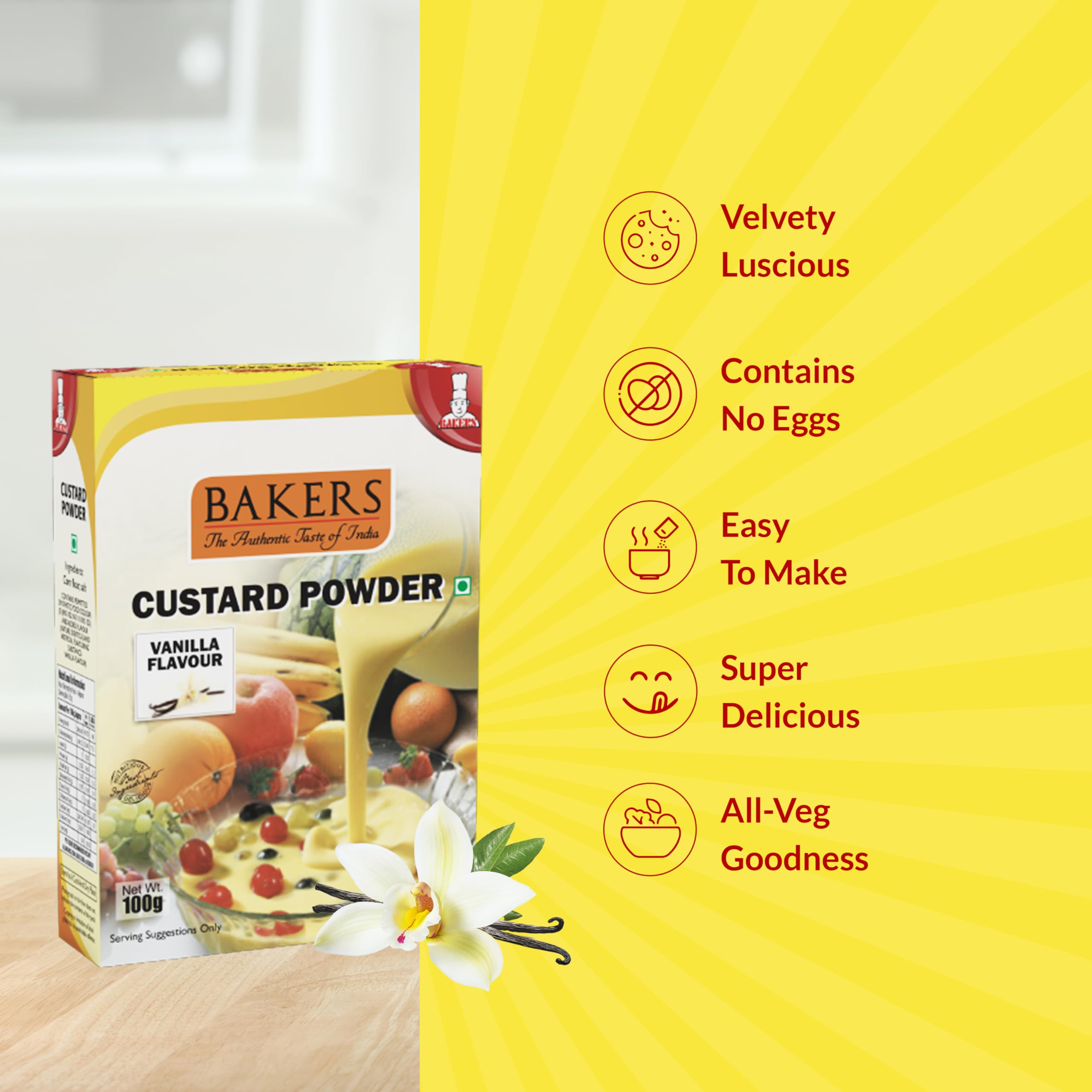 BAKERS Custard Powder | Vanilla Flavor | (100g x 6, 600g) | Contains No Eggs | Long Shelf Life | Makes Smooth, Creamy, Testy & Juicy Custard | Quick & Easy to Make |Best For Fruit Salads & Puddings 3