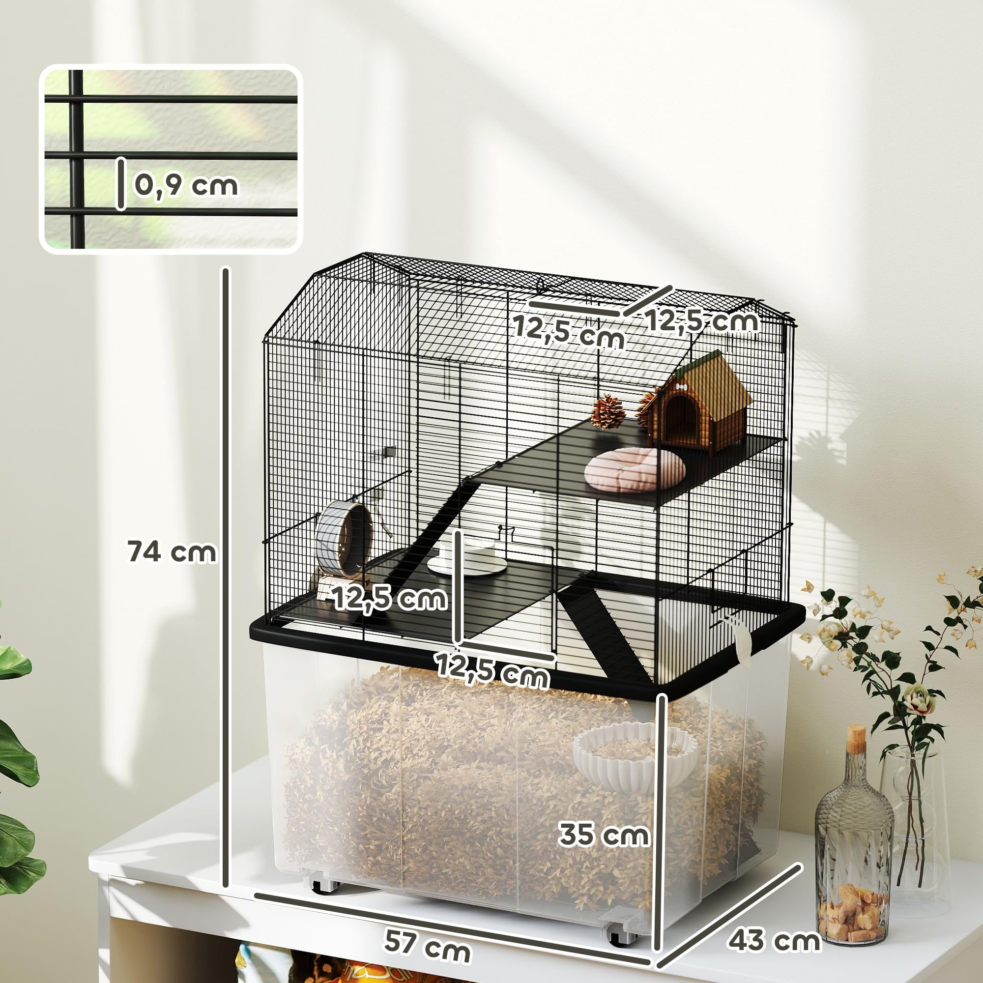 PawHut Cage Hamster, Cage Rongeur, 3 étages, avec roulettes, 2 Plate-Forme et 2 échelle, c, en Fil d'acier, 57 x 43 x 74 cm, Noir