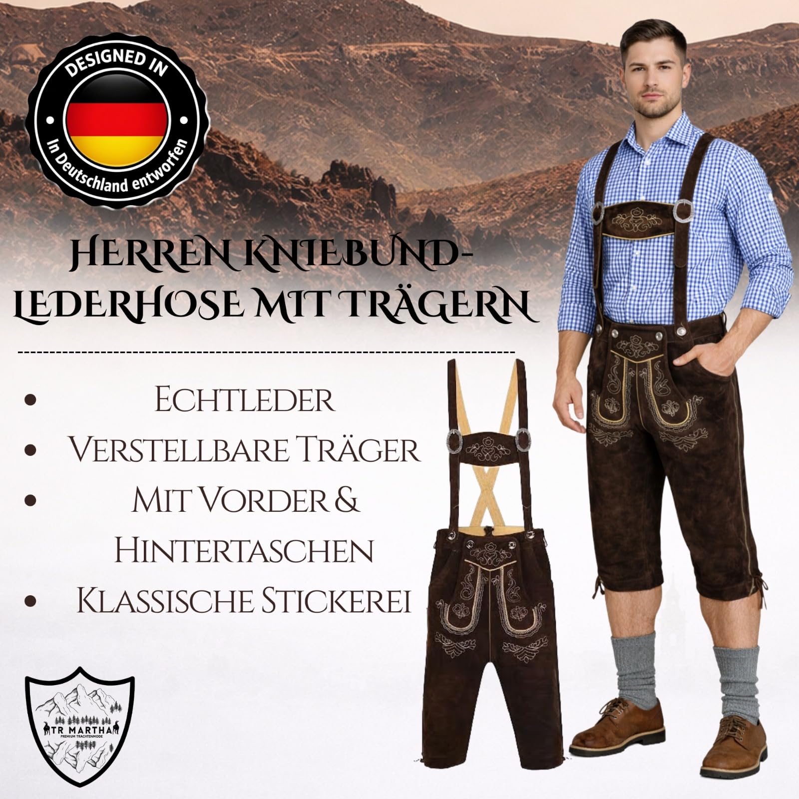 Premium Lederhose für Herren - Elegante Trachtenhose Gr.46-60 - Designer Lederhosen in 3 Farbvarianten (Hellbraun, Dunkelbraun, Schwarz) - 100% Rindsveloursleder