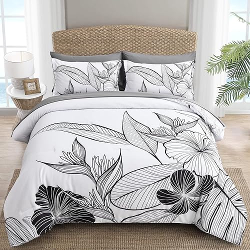 Xruibed Juego de edredón de cama en una bolsa, tamaño King con patrón de flores negras sobre blanco, 7 piezas, diseño de flores de línea con juego