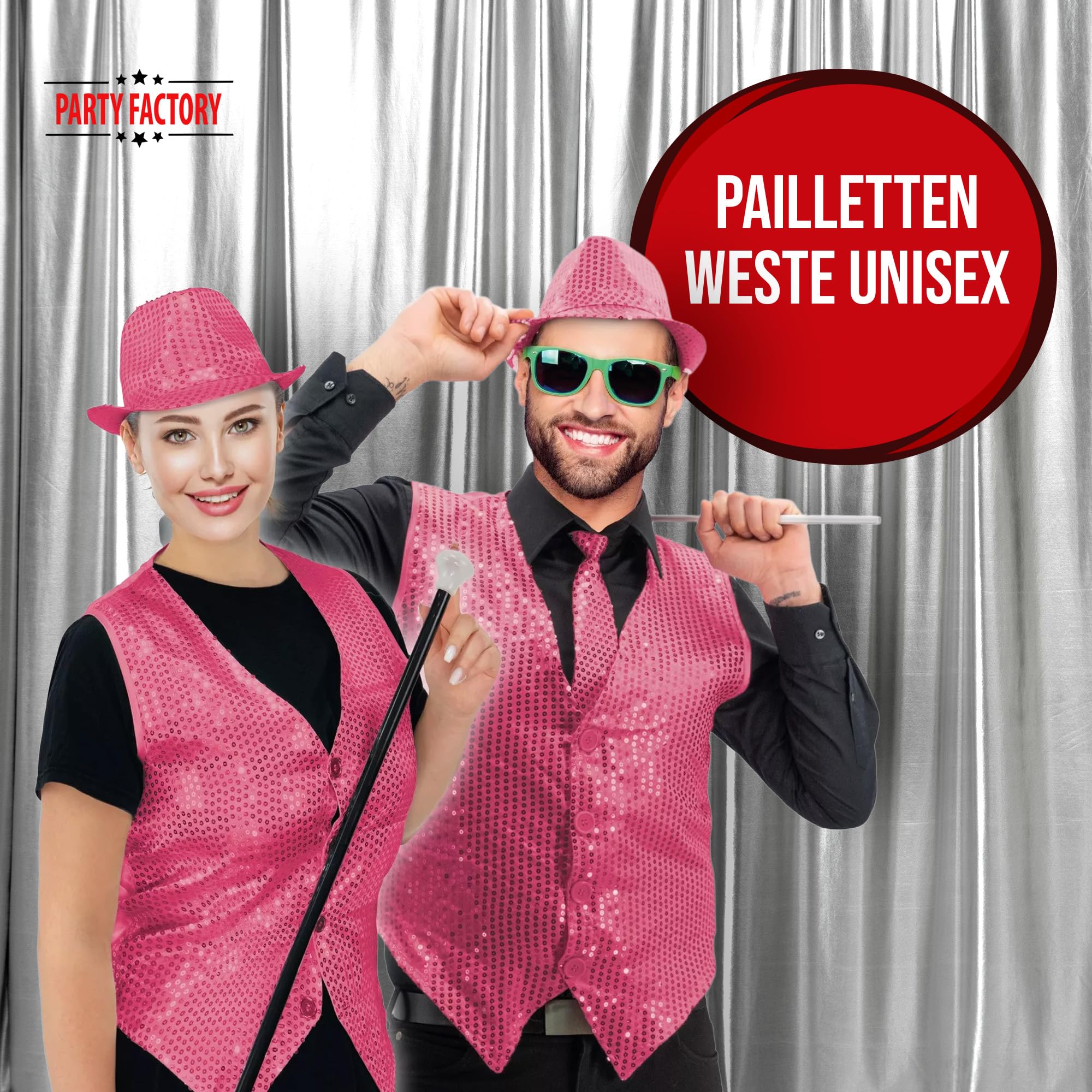 Party Factory Paillettenweste für Damen und Herren, in Pink, Größe S, Unisex Pailletten Oberteil für Party, Shows oder Karneval, Glänzendes Party-Outfit für besondere Anlässe