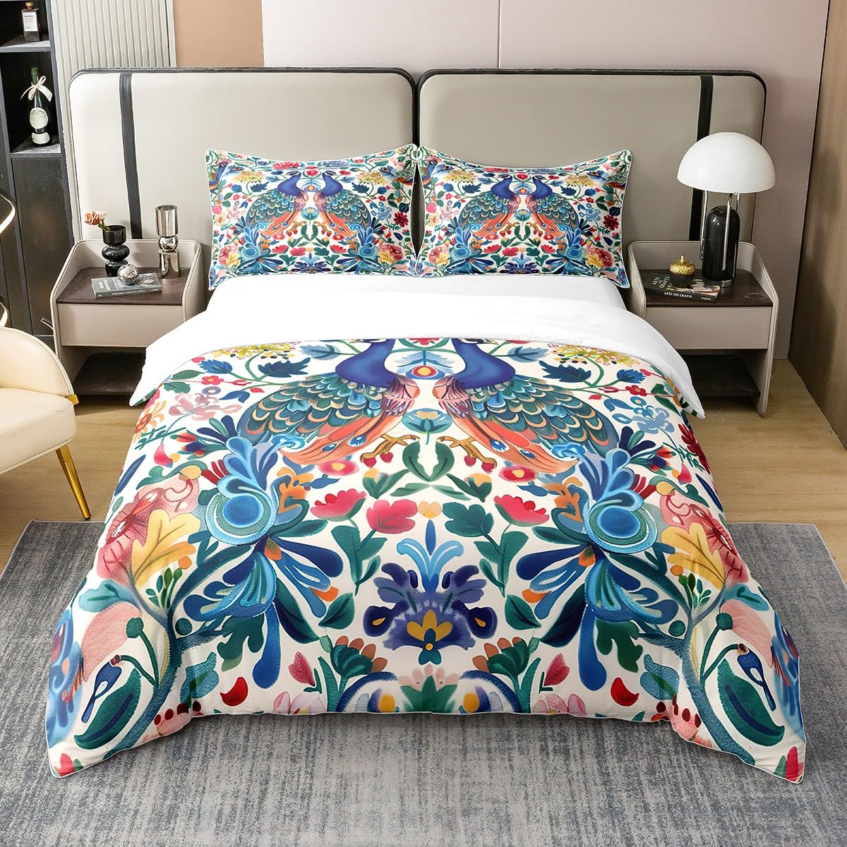 Homemissing Peacock Duvet Cover 100% Cotton Single Floral Bedding Set for Boys Girls Children Branches Comforter Cover Set Botanical Theme Blue Bedspread Cover 2Pcs No Comforter