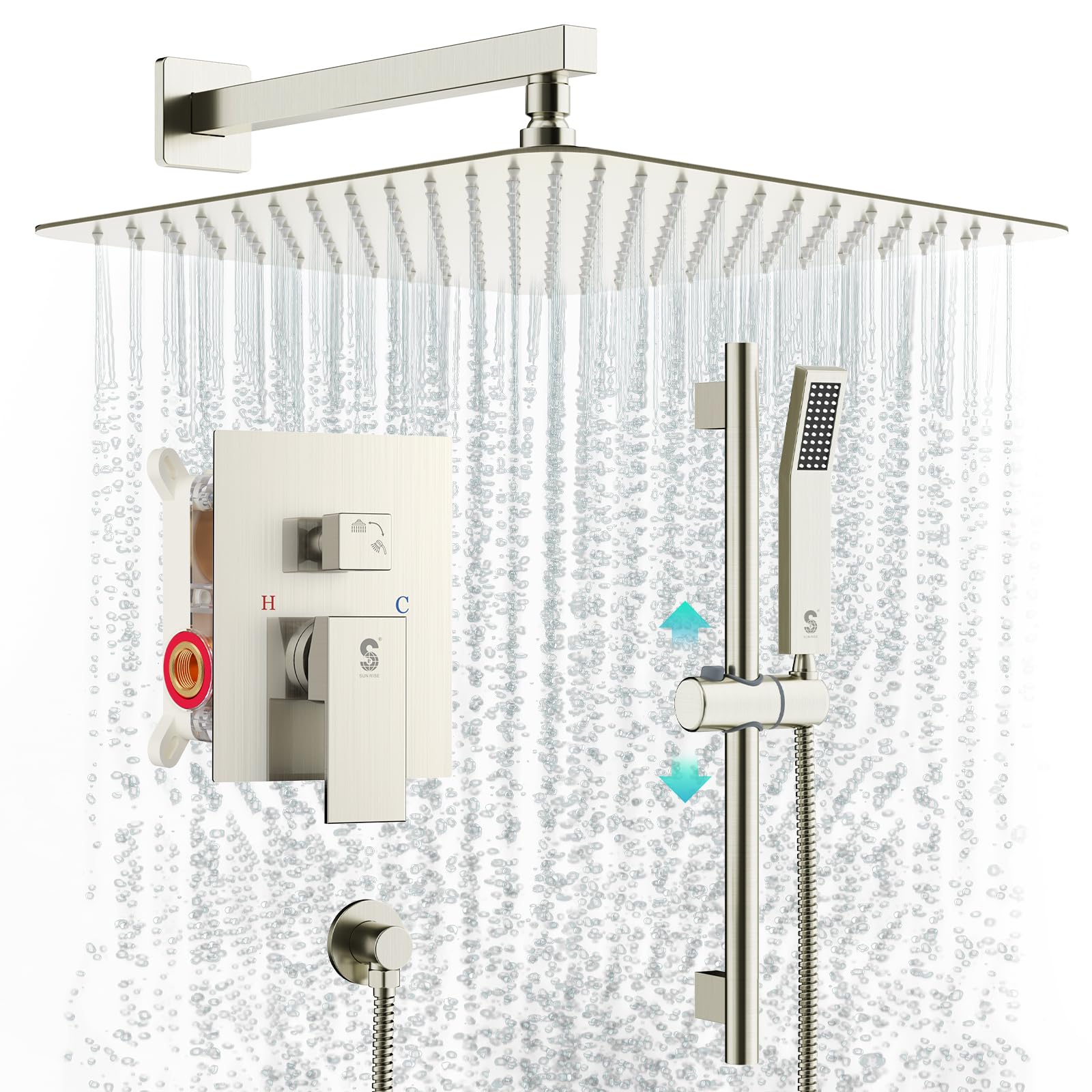 SR SUN RISE 12 Inches Shower Set with Adjustable Angle Slide Bar, Brass Pressure Balancing Shower Faucet Valve,12 Inches Rain Shower Head,Brass Shower Bar Set, Brushed Nickel