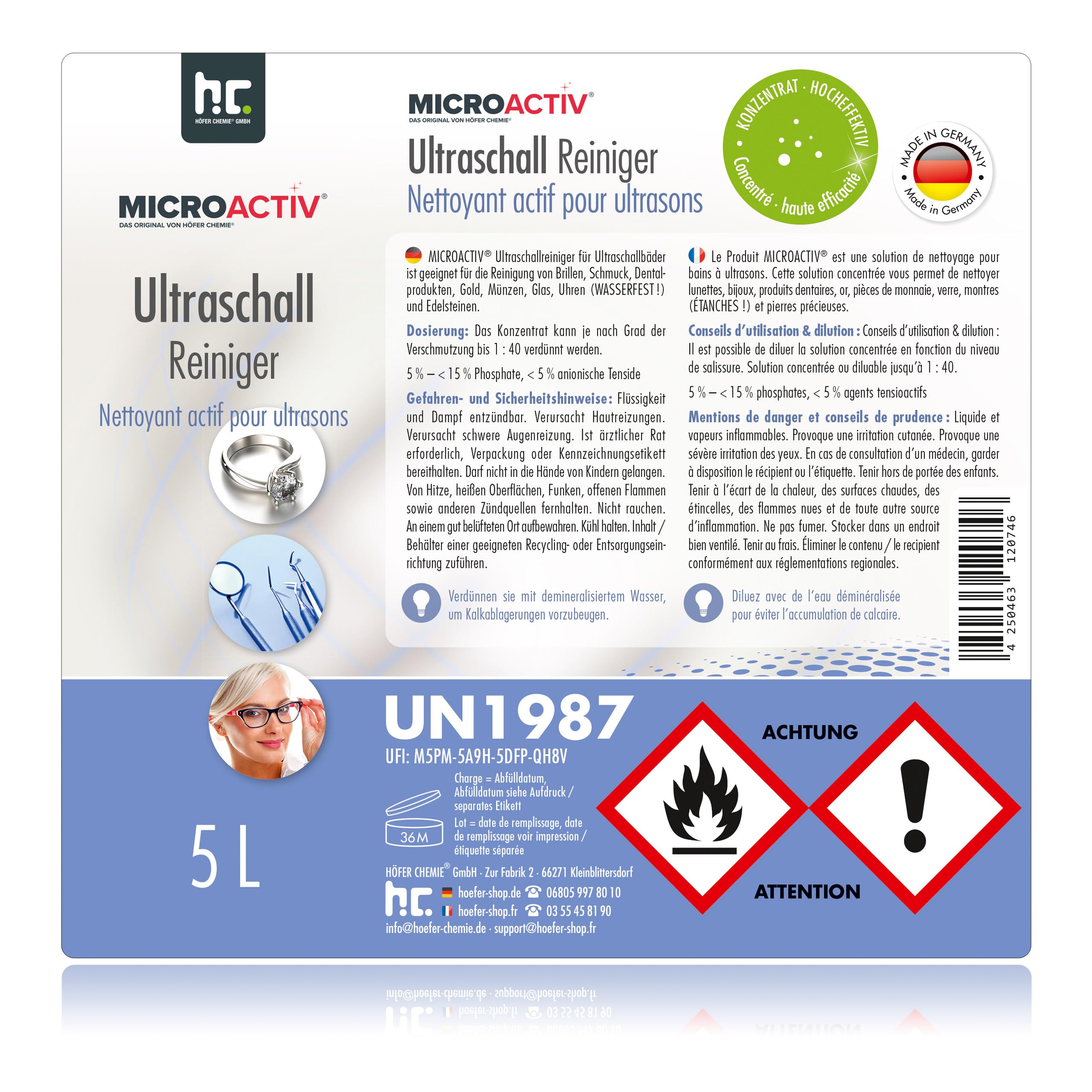 Microactiv Ultraschallreiniger 5 L | Hochwirksames Reinigungsmittel, Für Schmuck, Brillen, Dental- & Metallteile, Konzentrat bis 1:40 verdünnbar