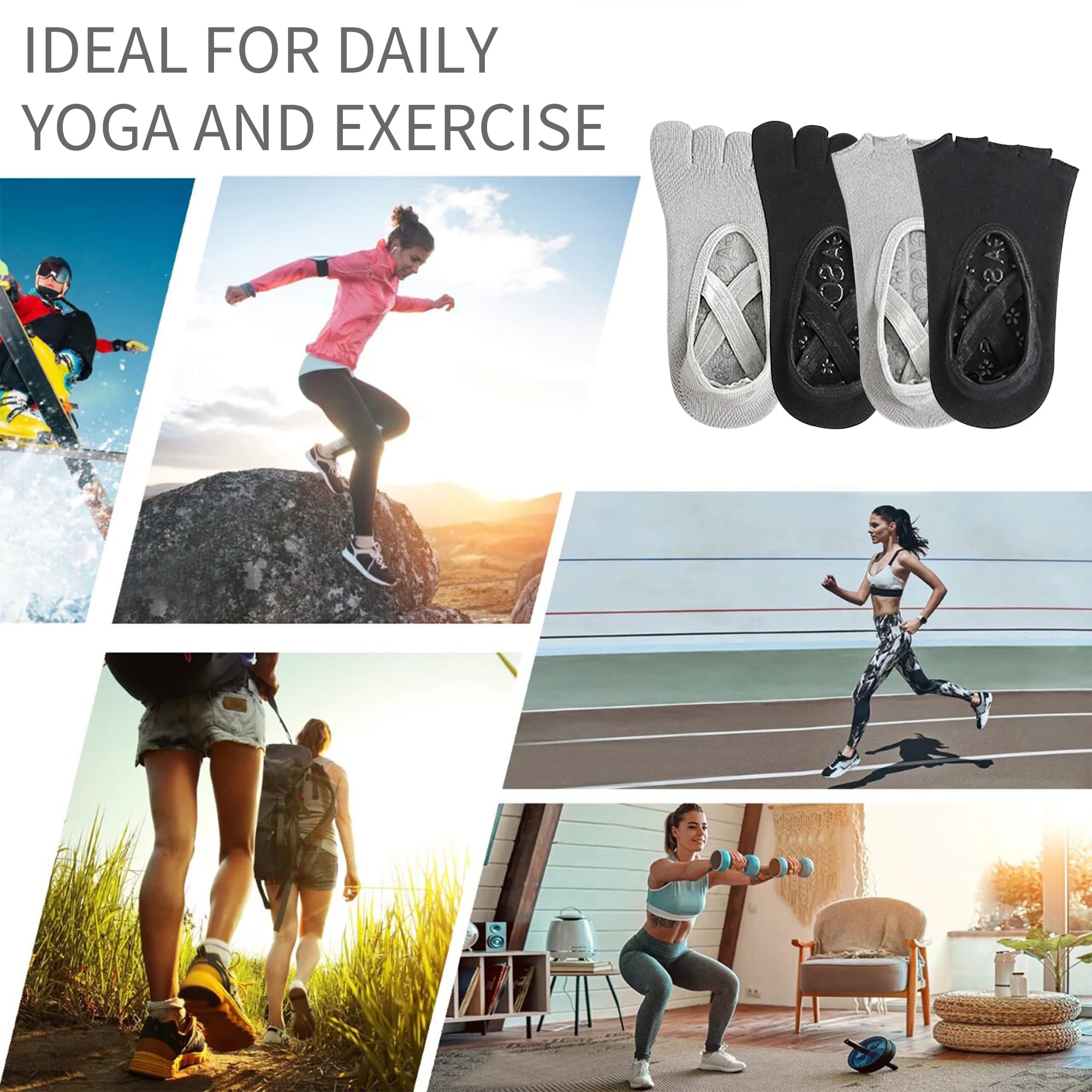 Keroius 2 pairs Yoga Socks Non Slip Skid Grip Socks Sticky Gripper Socks for Women and Men Ballet Pilates Hospital Dance: Exposed Toe Socks Gray