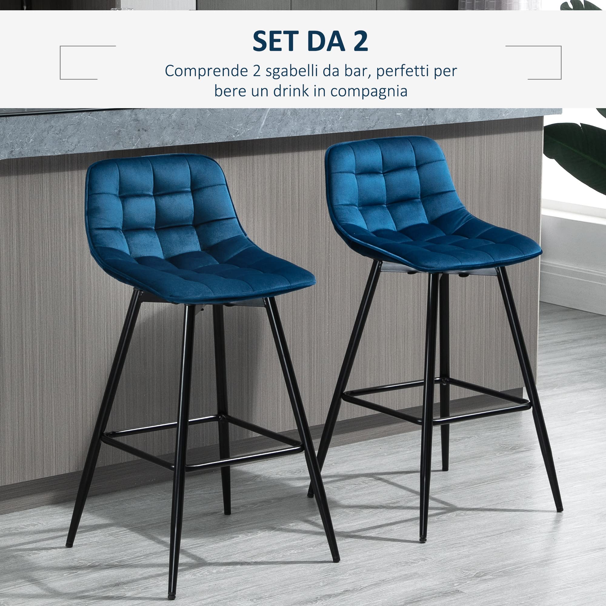 HOMCOM Set 2 Sgabelli Alti in Stile Nordico con Schienale e Poggiapiedi, Sgabelli con Schienale in Tessuto Effetto Velluto e Metallo, 45x47x88 cm, Blu
