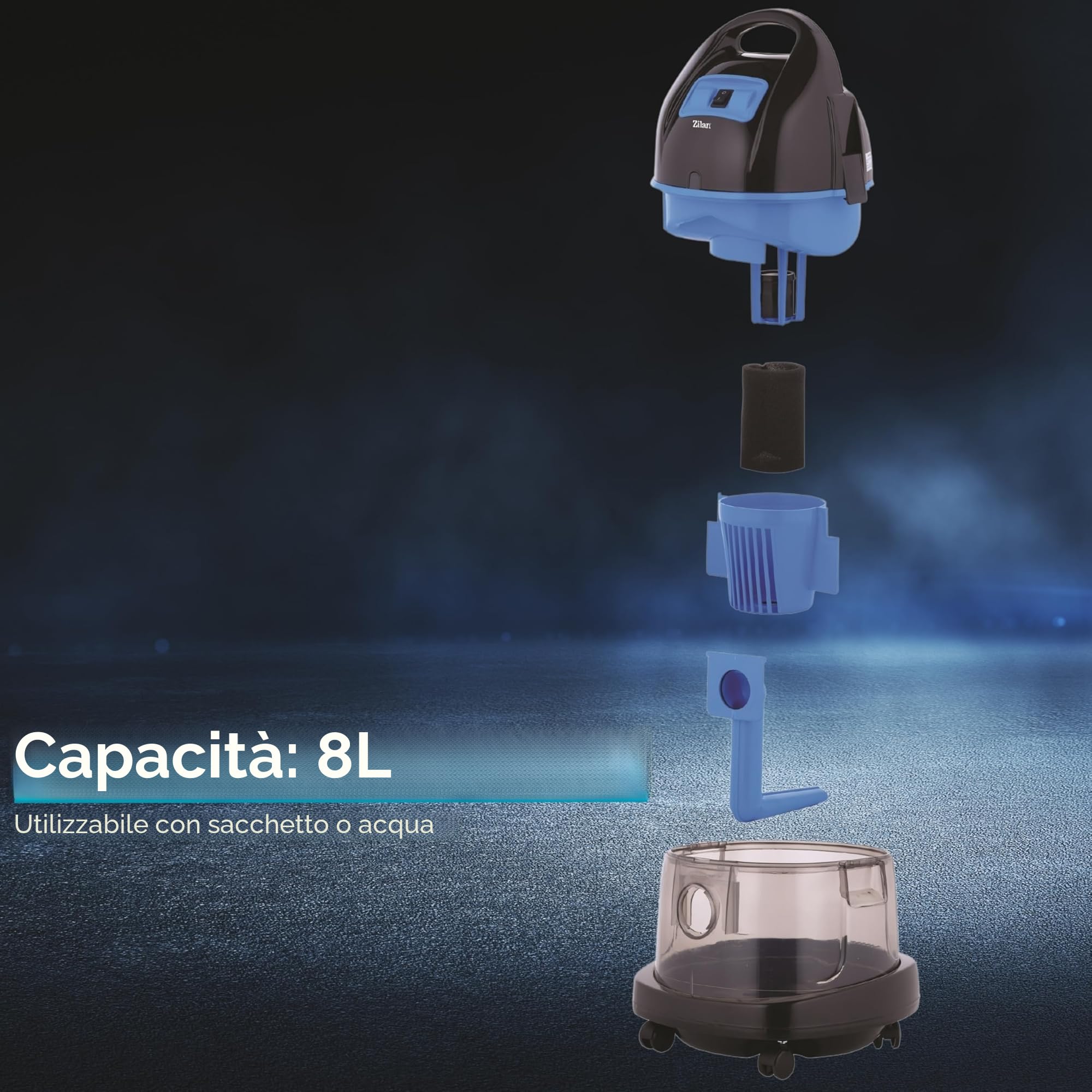 Zilan Aspirapolvere con Filtro dell'Acqua, H20, Senza Sacchetto, Classe Energetica A 2.000 Watt, 360°