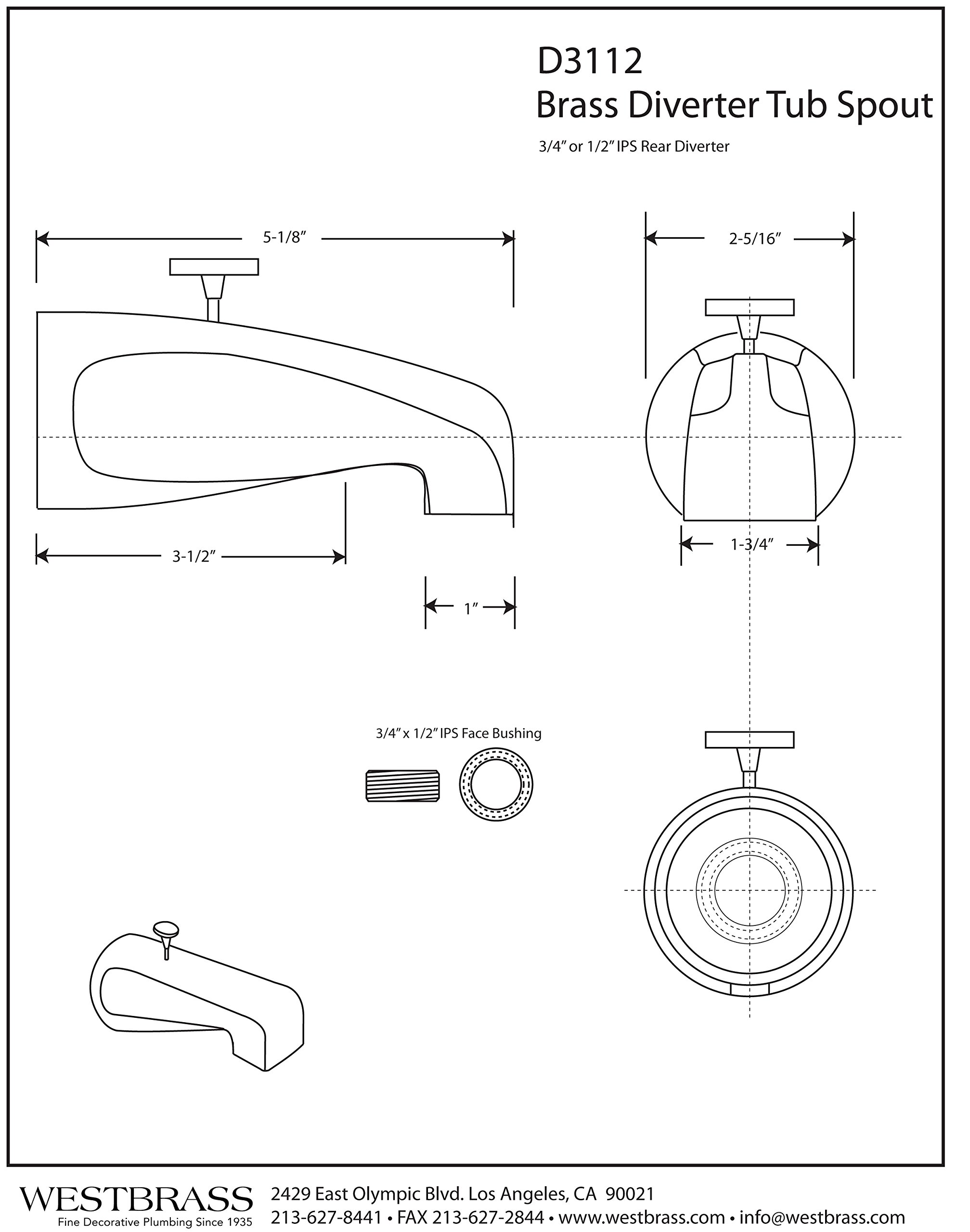 Westbrass D3112-26 Boquilla para bañera, Cromo Pulido