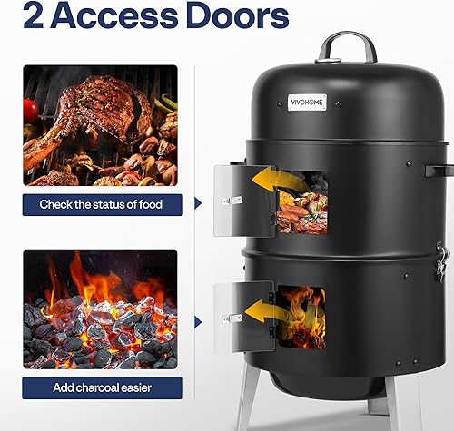Miniatura 4 de VIVOHOME Ahumador vertical de carbón 3 en 1, parrilla ahumadora de barbacoa con termómetro integrado, ventilación de aire y 2 puertas de acceso,