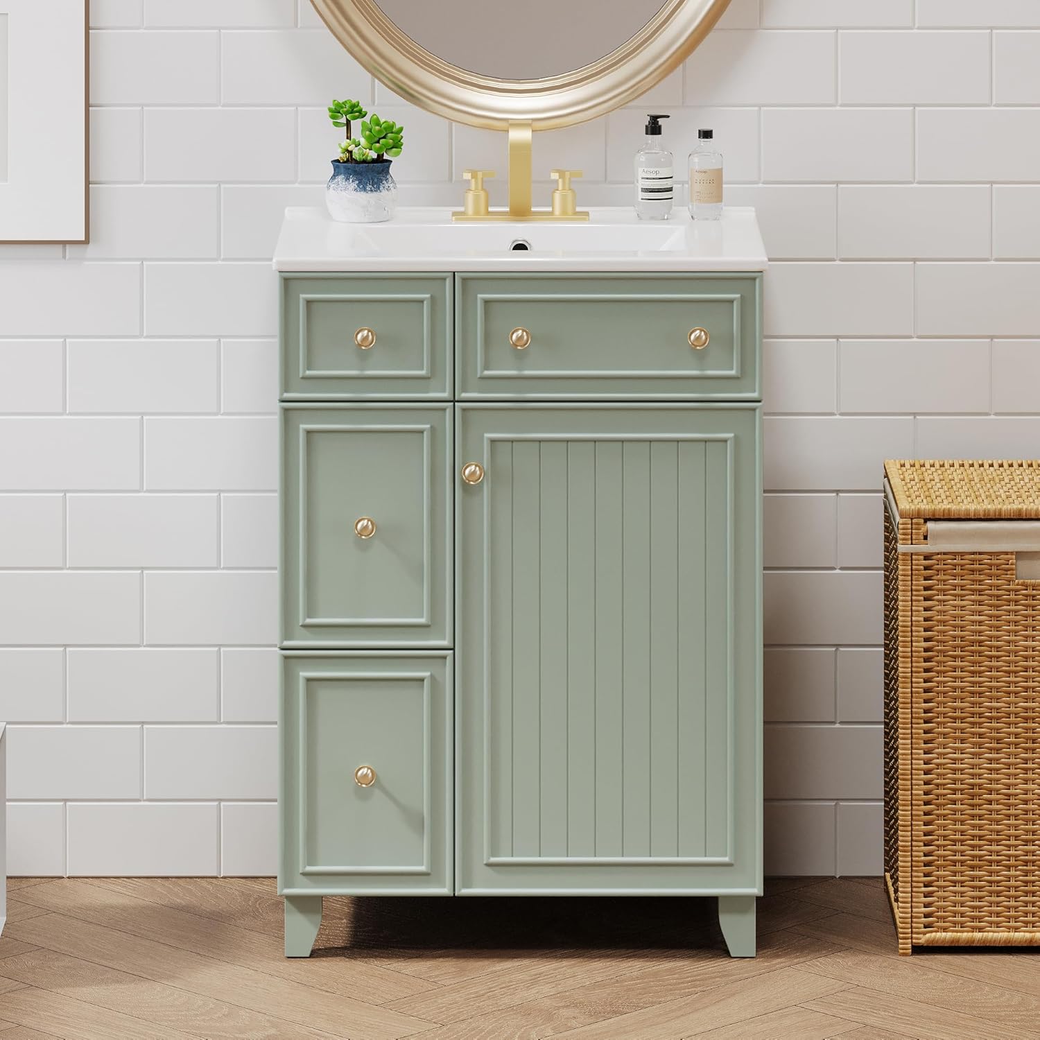 24 Inch Bathroom Vanity Cabinet with Sink, 2 Drawers, 1 Soft Close Door, Free Standing Storage Cabinet with Ceramic Basin, Modern Single Basin Vanity Set, Solid Wood, Green
