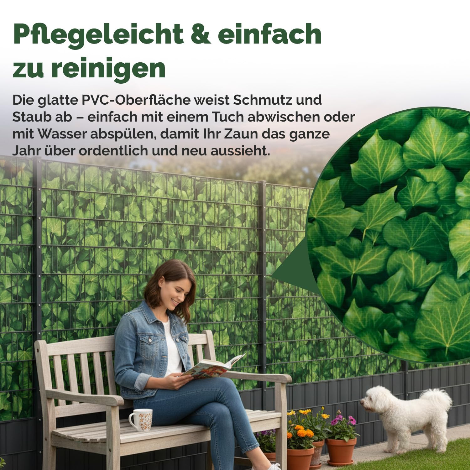 Electronicx PVC Sichtschutzstreifen für Gartenzaun - Efeu, 70m (2 x 35m) x 19cm, Hochwertige 450g/m² UV-beständige Sichtschutzmatten, Außenbereich Sichtschutz mit 40 Clips