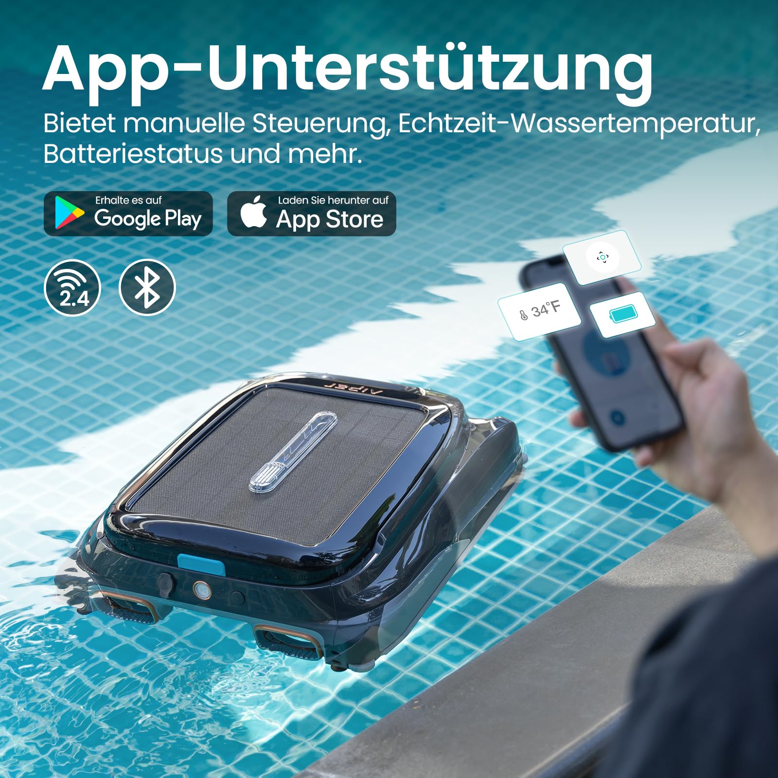 AIPER Surfer S1 Pool Skimmer Roboter, Akku & Solar, SolarSeeker, Oberflächenreinigung, 20h Laufzeit, Smart App, Wassertemperatur, für alle Pooltypen (Generalüberholt)