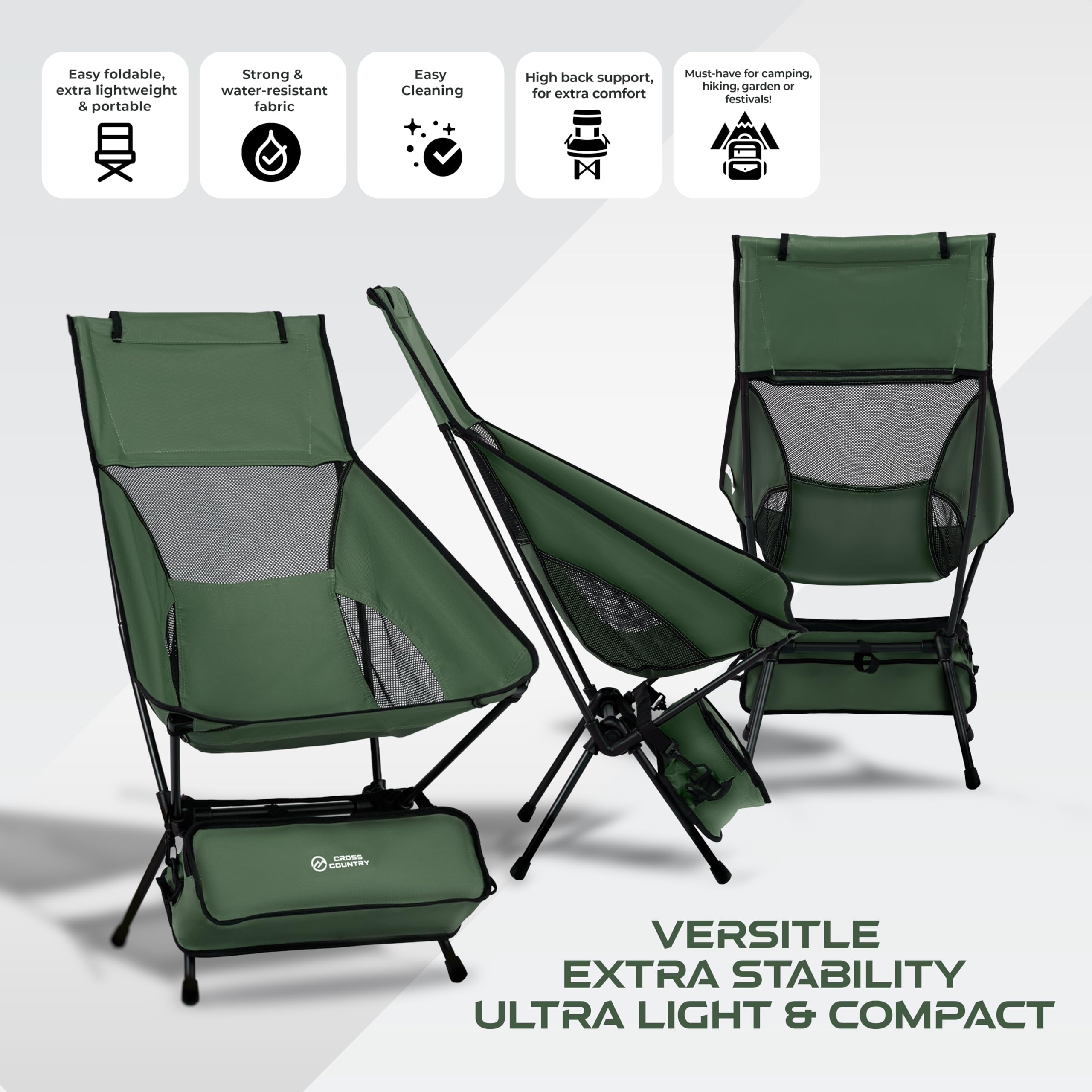 CROSS COUNTRY Lightweight Camping Chair - Portable & Collapsible Outdoor Chair, Green - Image 2