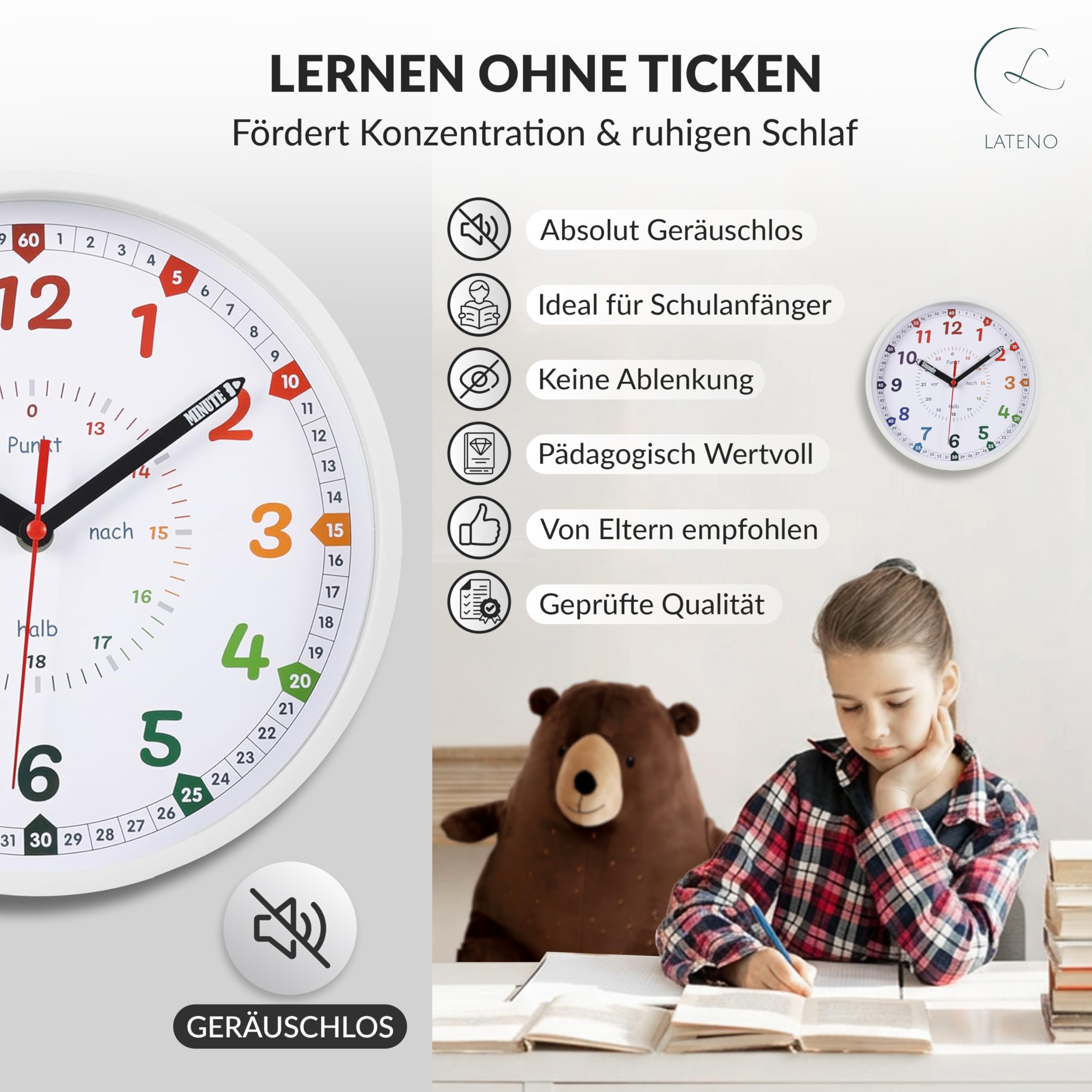 Reloj de pared para niños blanco - Reloj de pared colorido para habitación infantil silencioso - Reloj de aprendizaje para niños sin ruido de tictac - Reloj analógico de pared infantil para