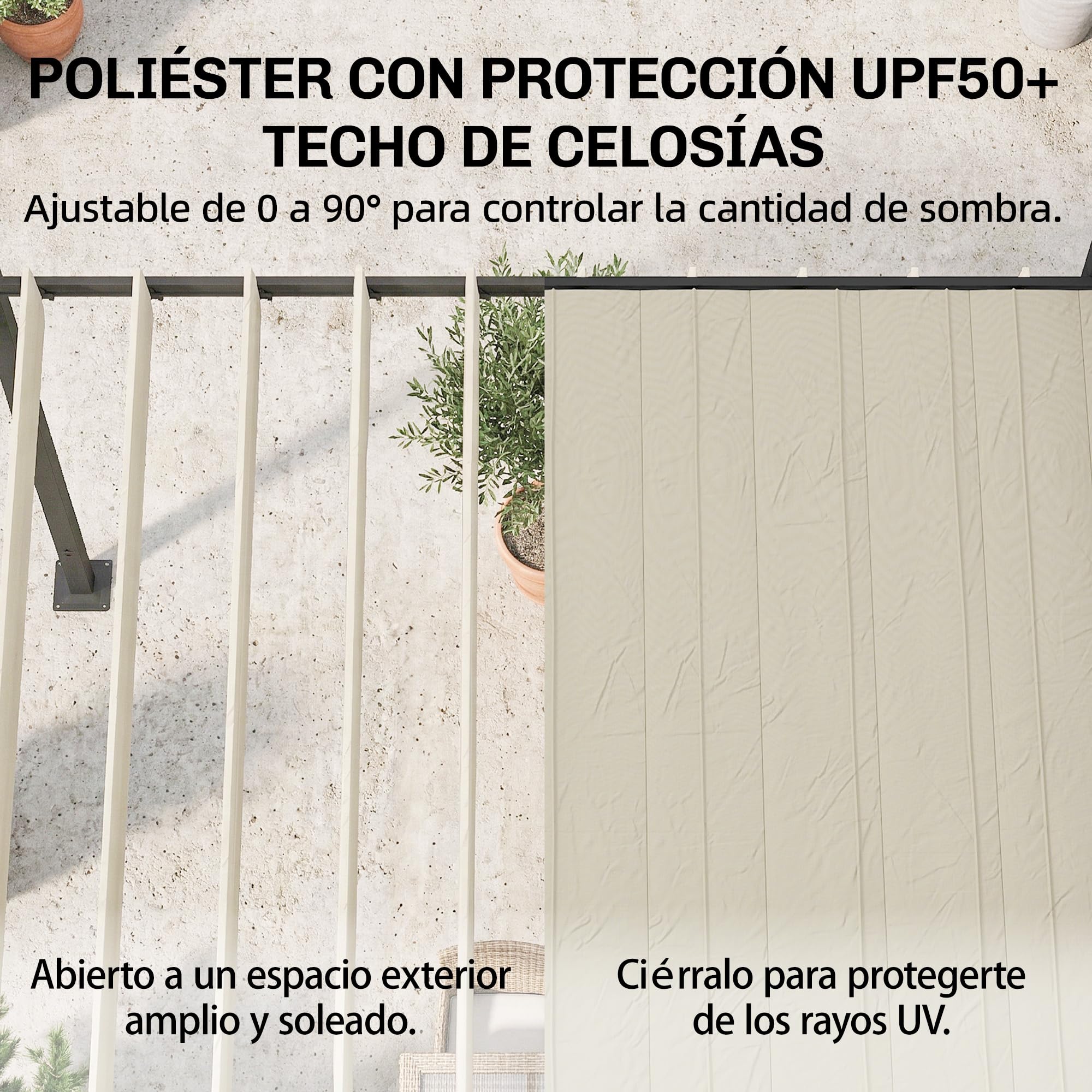 Outsunny Pérgola de Jardín 3x3,8 m, Cenador de Jardín con Techo de Lamas Ajustable a 90°, Manivela, Estructura de Aluminio y Acero, Protección UPF50+, Pabellón para Exterior, Patio, Terraza, Beige