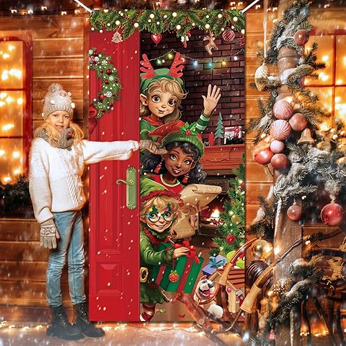 Miniatura 7 de Cubierta de puerta de Navidad de elfo, divertida decoración de puerta de feliz Navidad, decoración de Santa Elfos, fiesta de Navidad, telón de fondo
