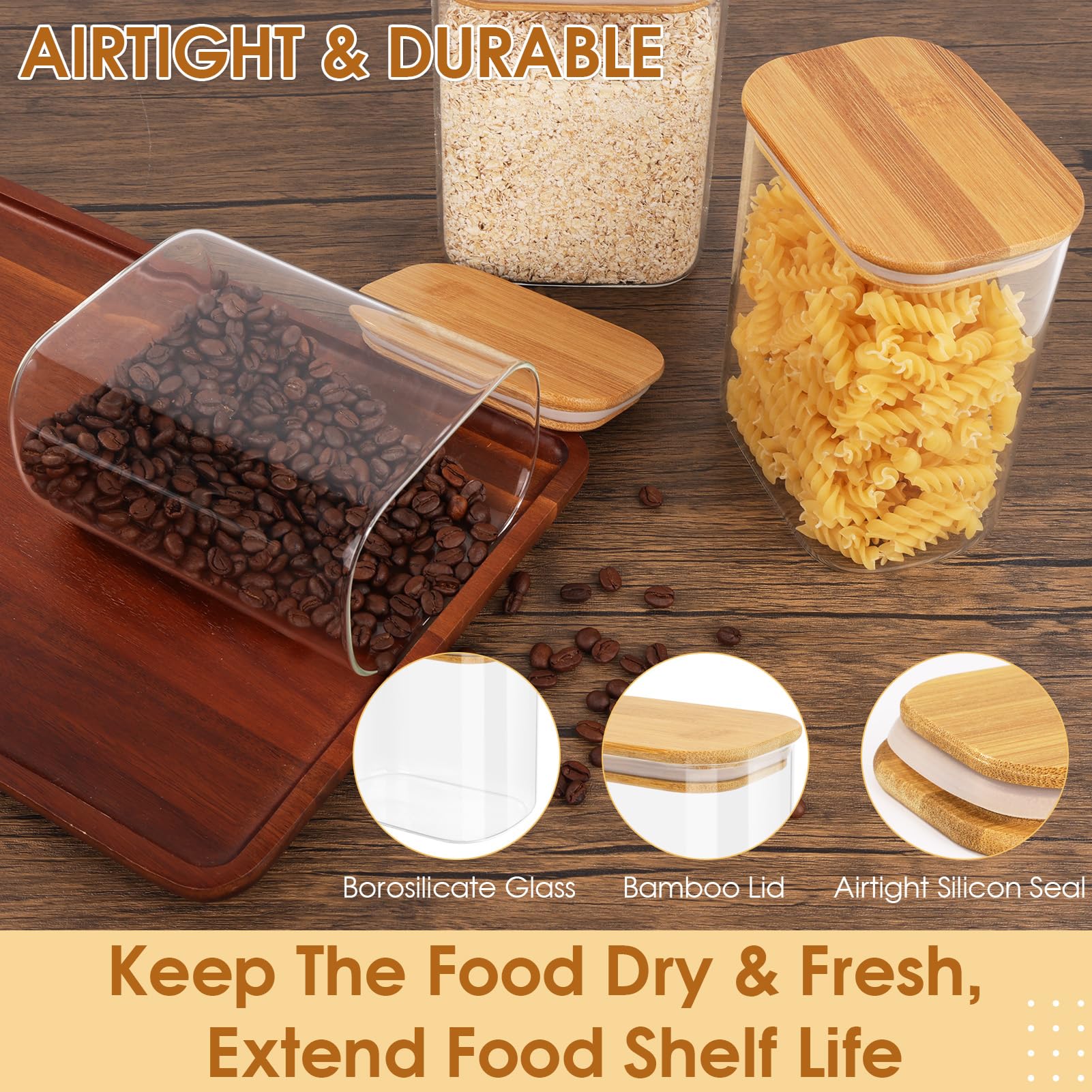 FoiiLiio 1,25 L Rectangle Conteneurs en Verre Lot de 4 Bocaux en Verre Avec Couvercles en Bambou Φ12x8x15cm Bocaux Rangement Cuisine en Verre pour Céréales, Cornflakes, Haricots