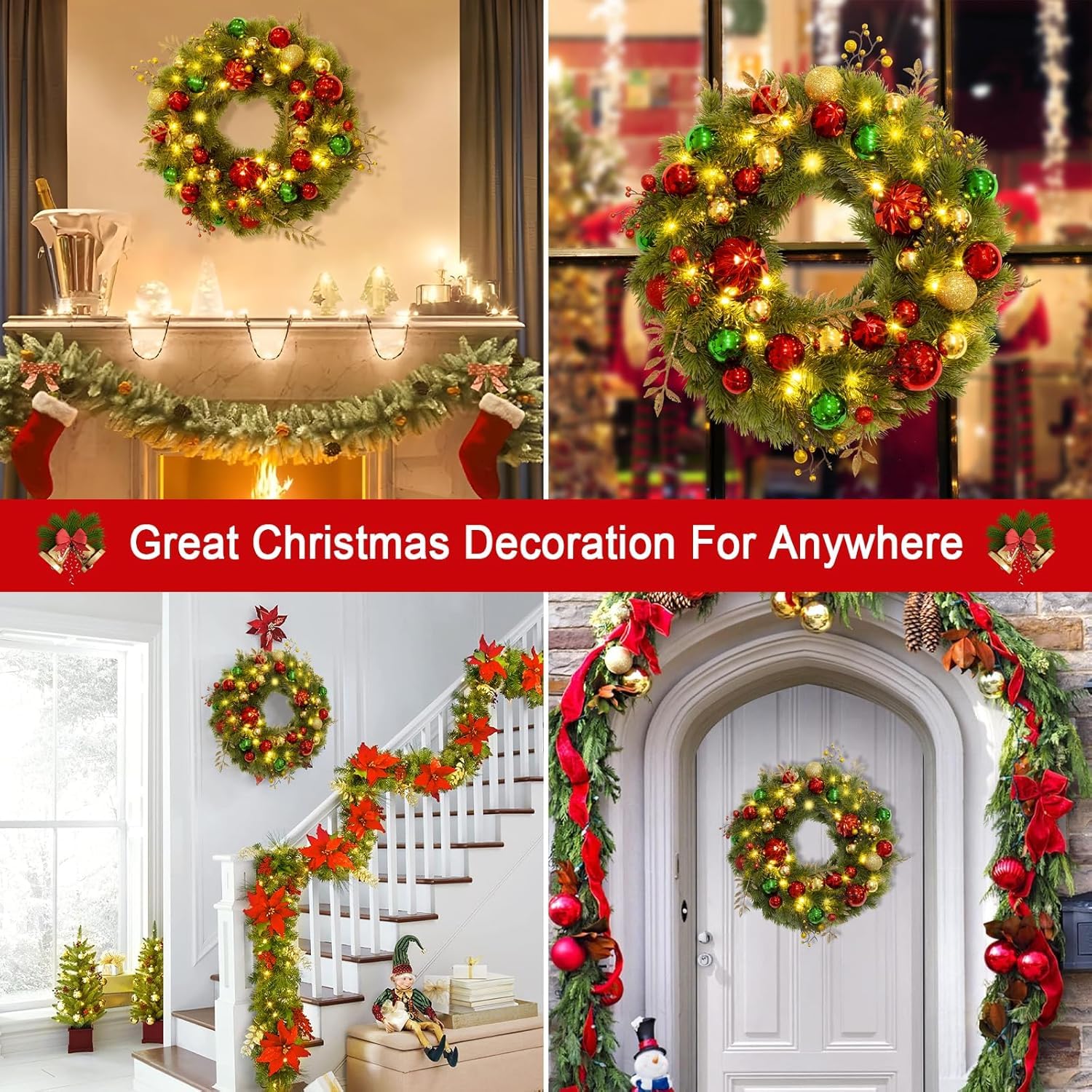 Avoalre Weihnachtskranz 40cm 40LEDs Lichterketten Timer Batteriebetrieben Künstlicher Kranz 8 Modi Innen Weihnachtsdeko mit Christbaumkugeln Türkranz für Weihnachten Fenster Tür | Künstlicher Kranz 8 Modi Innen Weihnachtsdeko mit Christbaumkugeln Türkranz