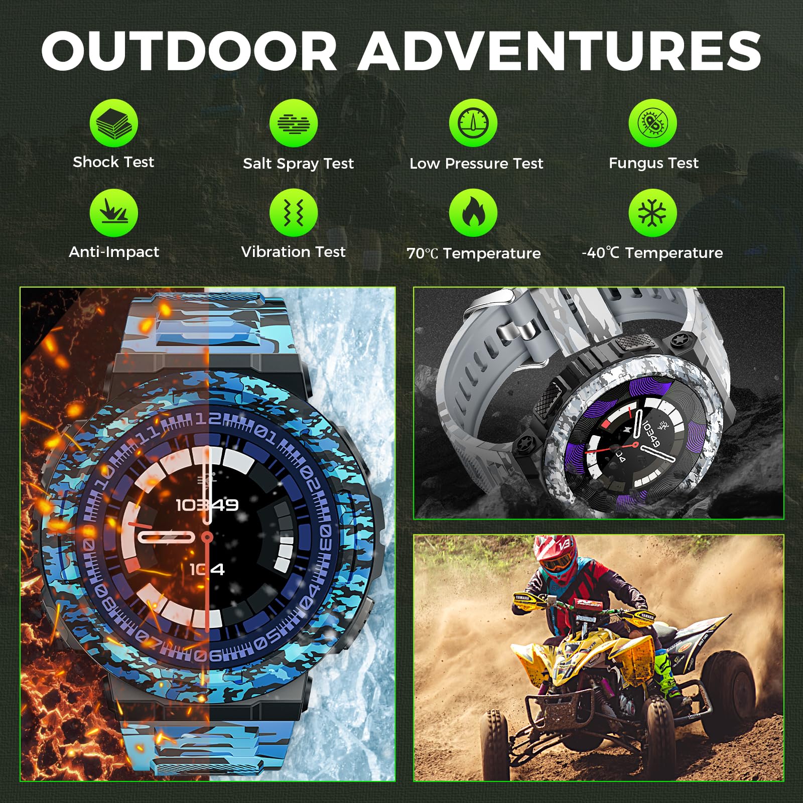 JELLOO Smart Watch militare da uomo (rispondere/effettuare chiamate), impermeabile 3ATM, torcia a LED, oltre 100 modalità sportive, smartwatch tattico con cardiofrequenzimetro SpO2, monitoraggio del