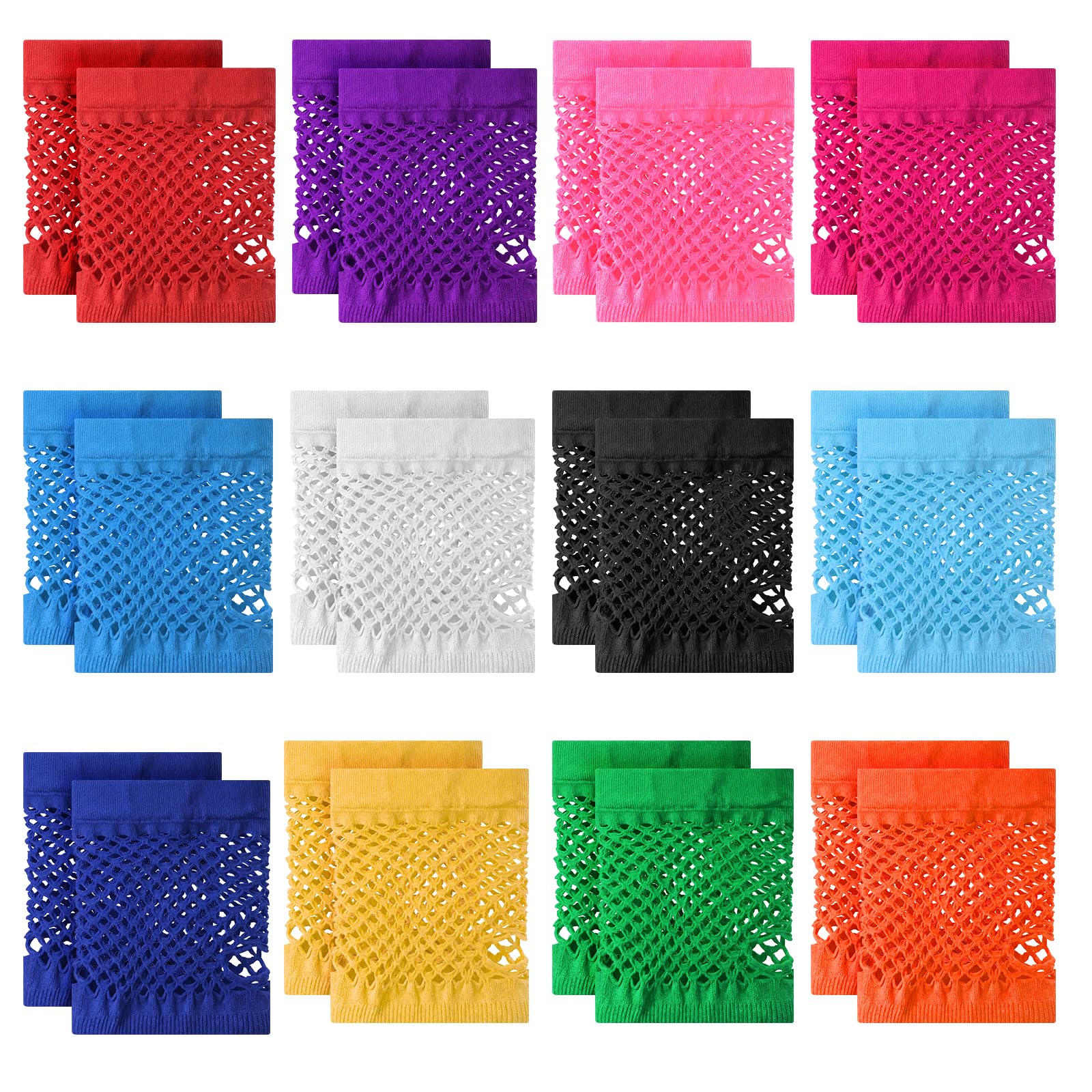 JJUNW 12 Pairs Fingerless Fishnet Gloves, 80s 90s Short Neon Mesh Gloves Assorted Colors Fishnet Arm Sleeves Accessories for Halloween Cosplay Scene Theme Parties