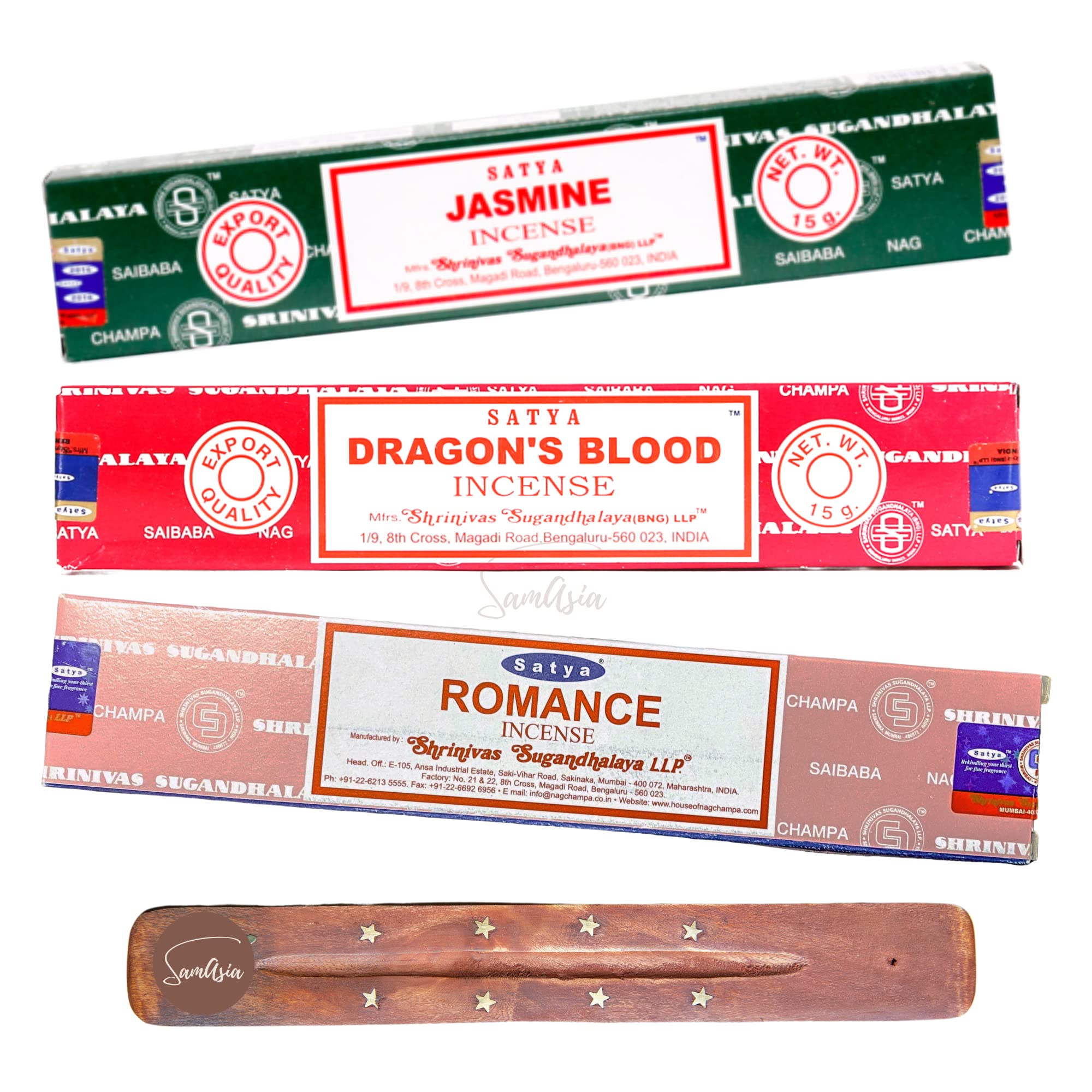 Samasia Satya Nag Champa Jasmine, Dragons Blood And Romance Incense Sticks | X3 Pack | With Incense Sticks Holder | Burn For Love