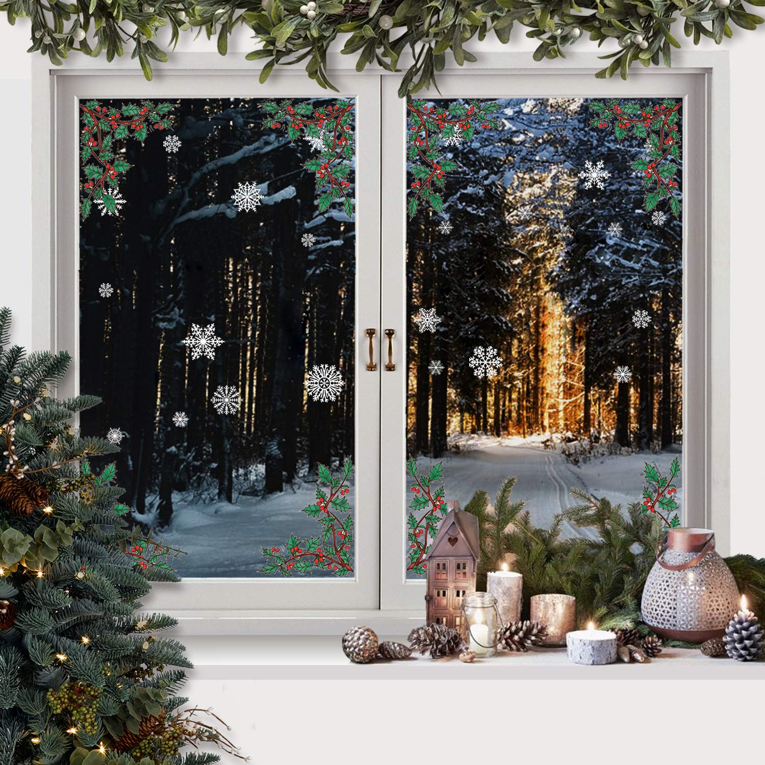 Holly Corners and Christmas Snowflake Window Stickers Cling
