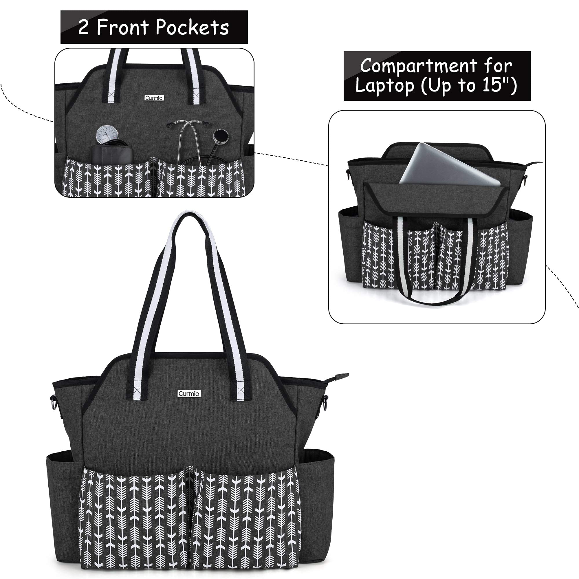 CURMIO Sac d'infirmière, sac de fournitures médicales portable avec bandoulière pour les visites à domicile, les études cliniques, les soins de santé, sac uniquement, Noir