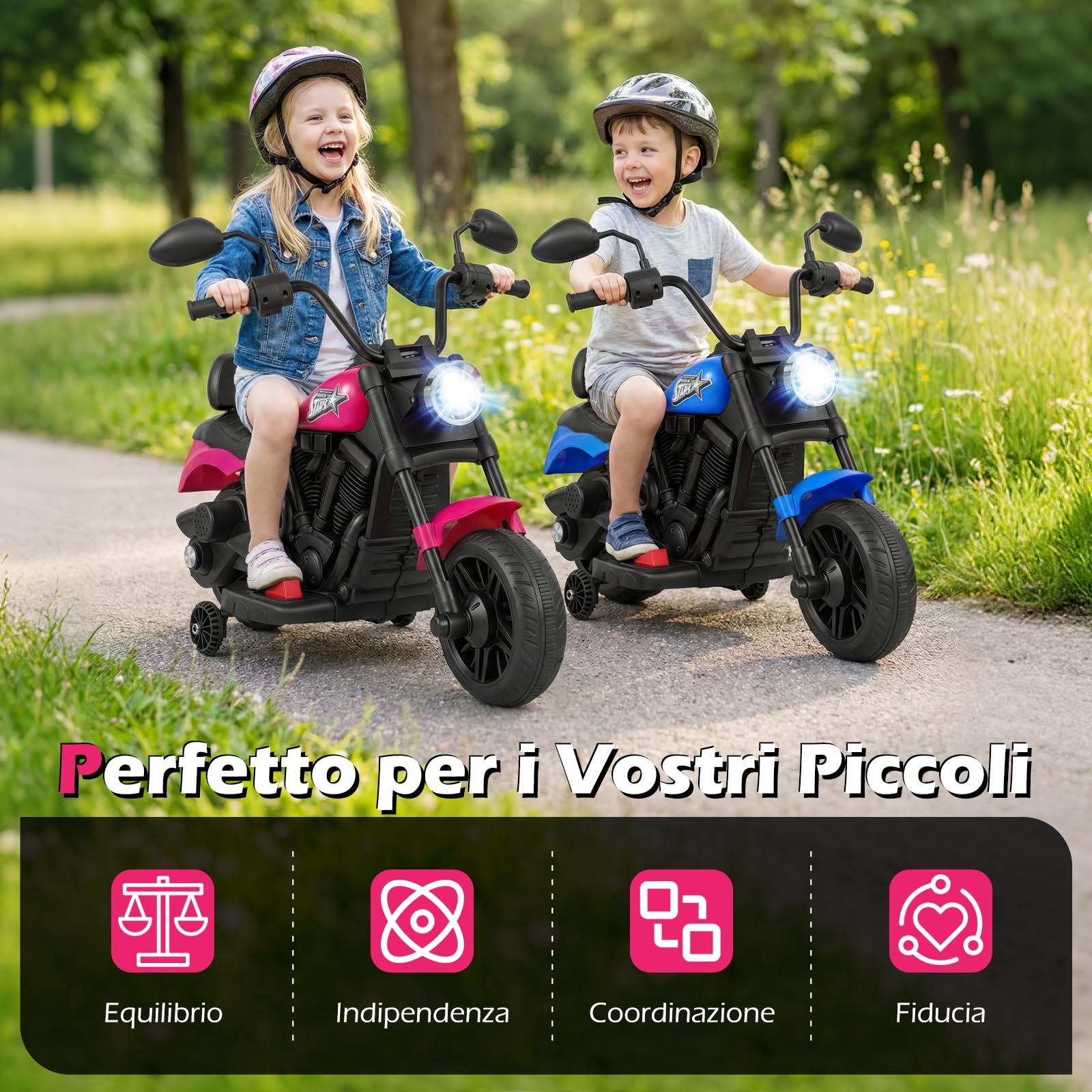 COSTWAY Moto Elettrica per Bambini, 6V Moto Cavalcabile con 2 Ruote di Supporto, Pedale, Fari e Musica, 2,4 km/h, per Bambini 3 Anni+, 79x58x56 cm (Rosa)