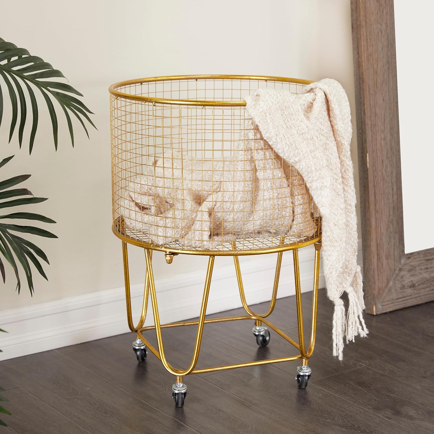 Gold Iron Rolling Mesh Laundry Basket Storage Cart