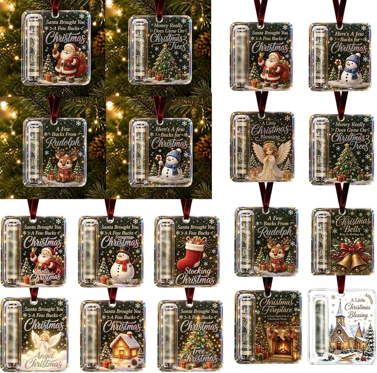 Christmas Cash Gift Ornament, 5Pcs Clear Crystal Money Holders, Funny Hanging Ornaments for Xmas Tree, Stocking Stuffer, (Tree,Santa,Angel,Bell,Snowman)
