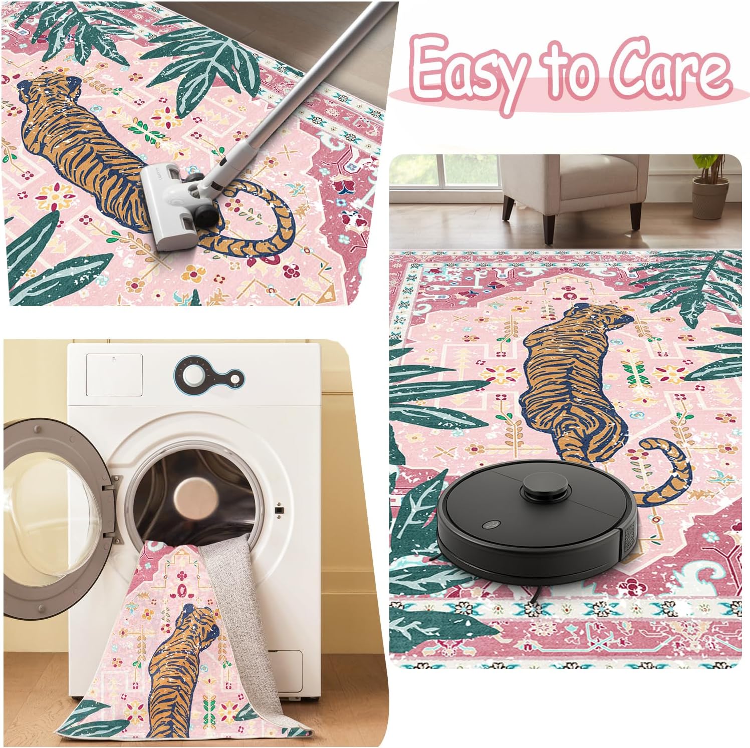 3x5 Washable Non-Slip Area Rug, Tropical Pink Boho Vintage Jungle Tiger Rug, Soft Cozy Faux Cashmere Low Pile Animal Print Rug for Girls Room, Nursery, Entryway, Easy to Clean Decorative Carpet