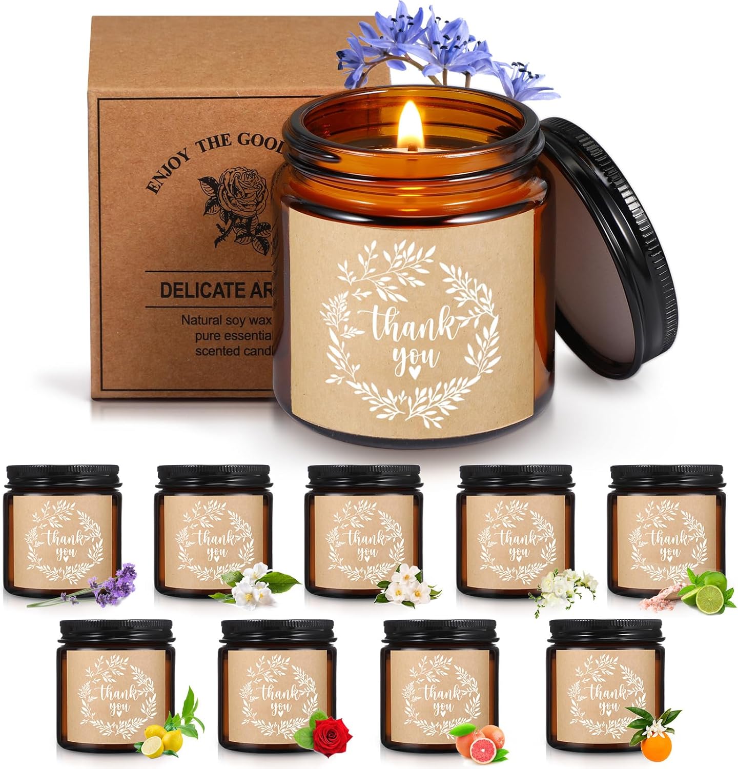 Coume 10 Pcs Thank You Candle Employee Appreciation Gift Bulk 3.5 oz Soy Wax Scented Jar Candles for Friend Boss Social Worker Staff Volunteer Teacher Secretaries, 10 Fragrance(Warm Scents)
