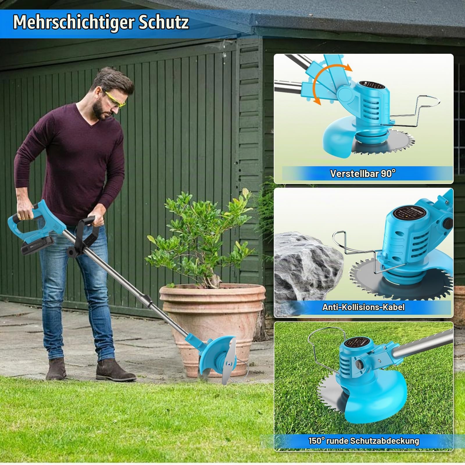 Rasentrimmer mit Akku 21V, KUZUPRO Akku Freischneider mit 2 Akkus 2.0Ah, 2 Arten von Metal Klingen Akku Rasentrimmer, Gartenschere, Verstellbarer Griff für Rasen Garten Beschneiden, Blau