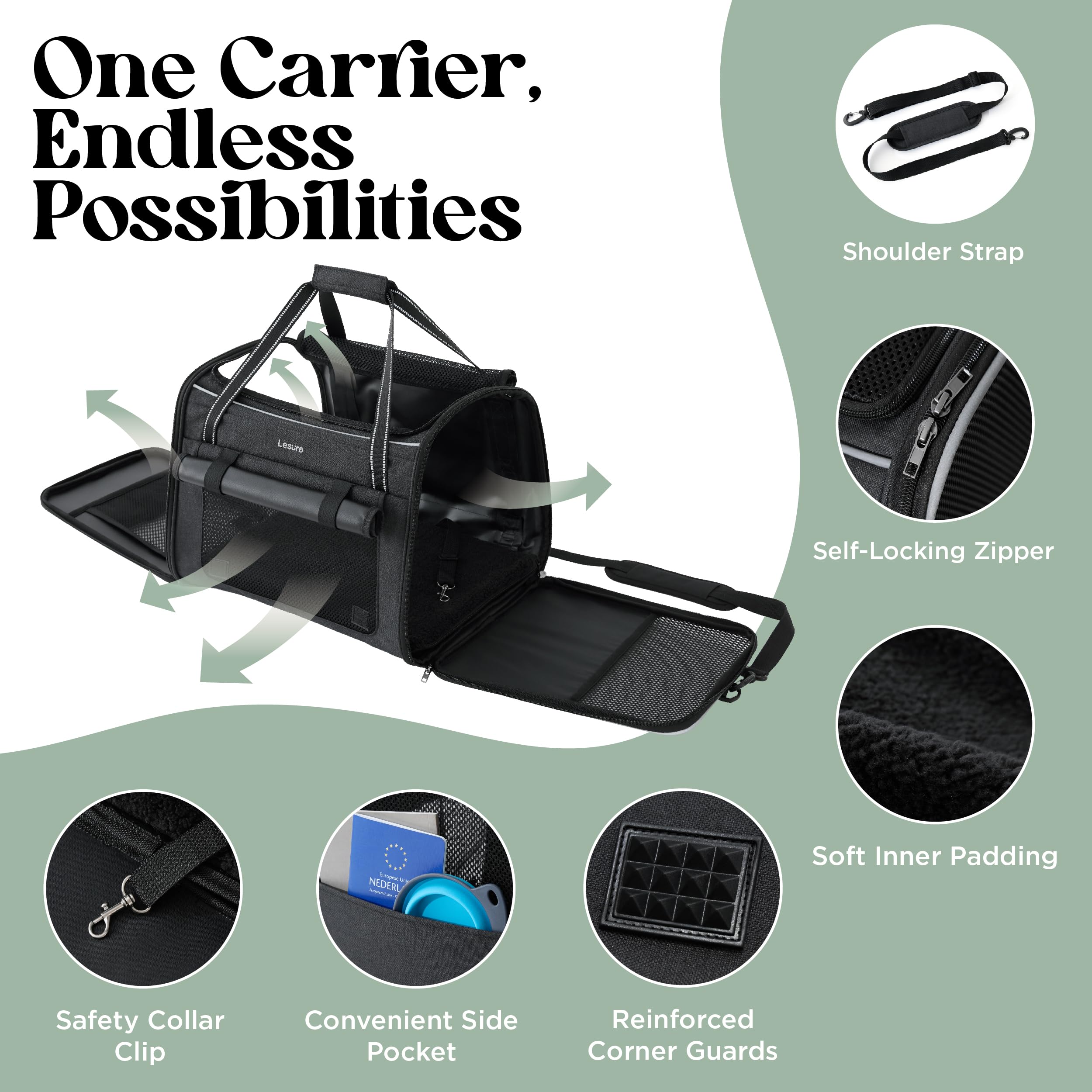 Lesure Faltbare Katzen Transportboxen für Reisen - Formstabile Katzentransporttasche mit atmungsaktivem Mesh, Auto-Sicherheitsgurt, Schultergurt & herausnehmbarer Matte, 43.5x29.5x34cm, Schwarz