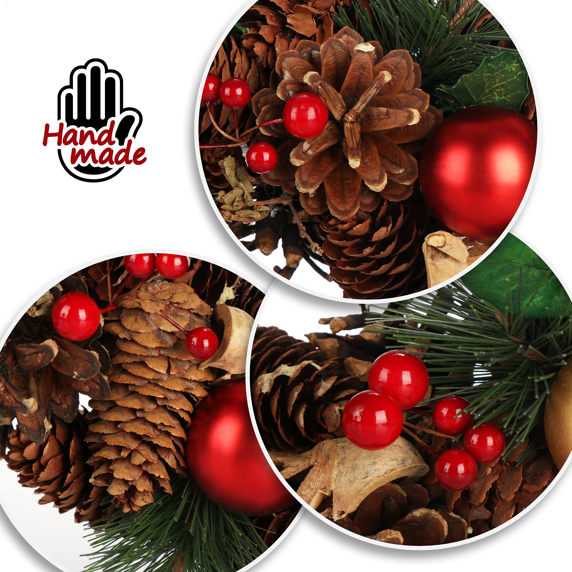 COM-FOUR® Ghirlanda natalizia per porta - Ghirlanda dell'Avvento con pigne e palline di Natale - Ghirlanda decorativa Ø ca. 30cm - Decorazione Natale (palline dorate + rosse)