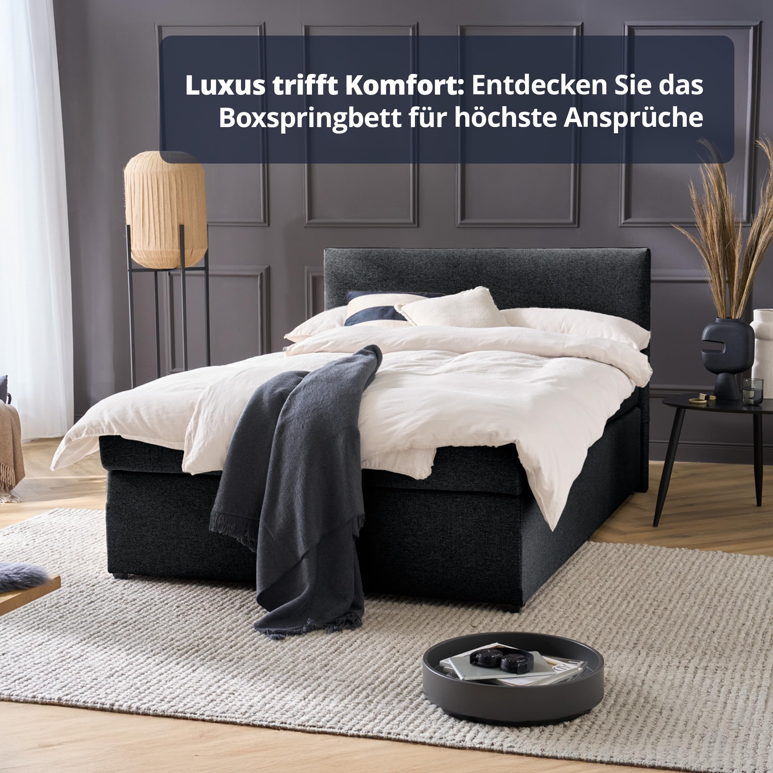 KHG Boxspringbett schwarz Härtegrad H3 mit Matratze Bonellfederkern und Topper 100% Polyester Schaumstoffkern Gestell Holzwerkstoff gepolstert stoffbezogen zeitlos