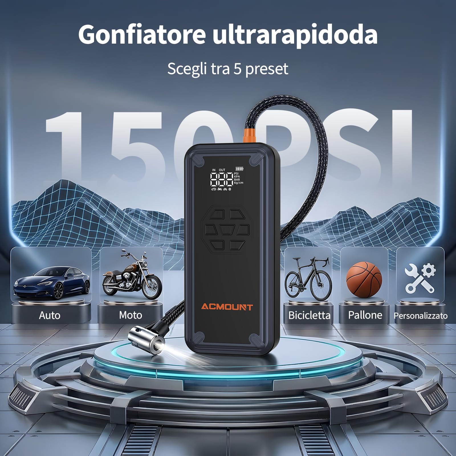 ACMOUNT Avviatore Batteria Auto 7000A, Booster Avviatore Auto con Compressore 150PSI (Per Benzina 9L/Diesel 8L) Starter Batteria Portatile 12V Jump Start con Ricarica Rapida 18W, LED & LCD