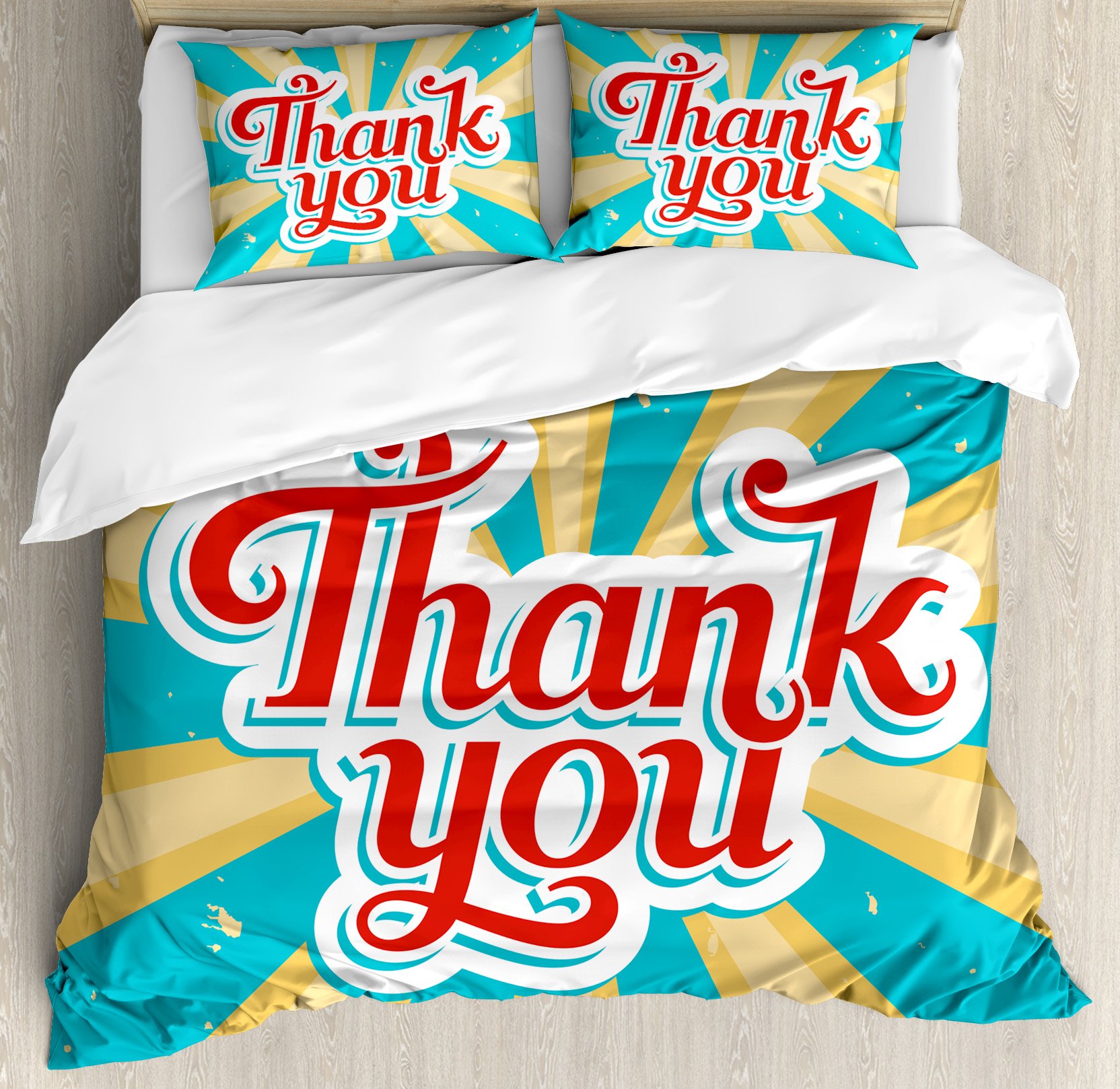 Ambesonne Old Fashioned Calligraphy Duvet Cover Set, Retro Vintage Antique Look Thank You Sun Rays Sunshine, Decorative 3 Piece Bedding Set with 2 Pillow Shams, King Size, Red Yellow Turquoise