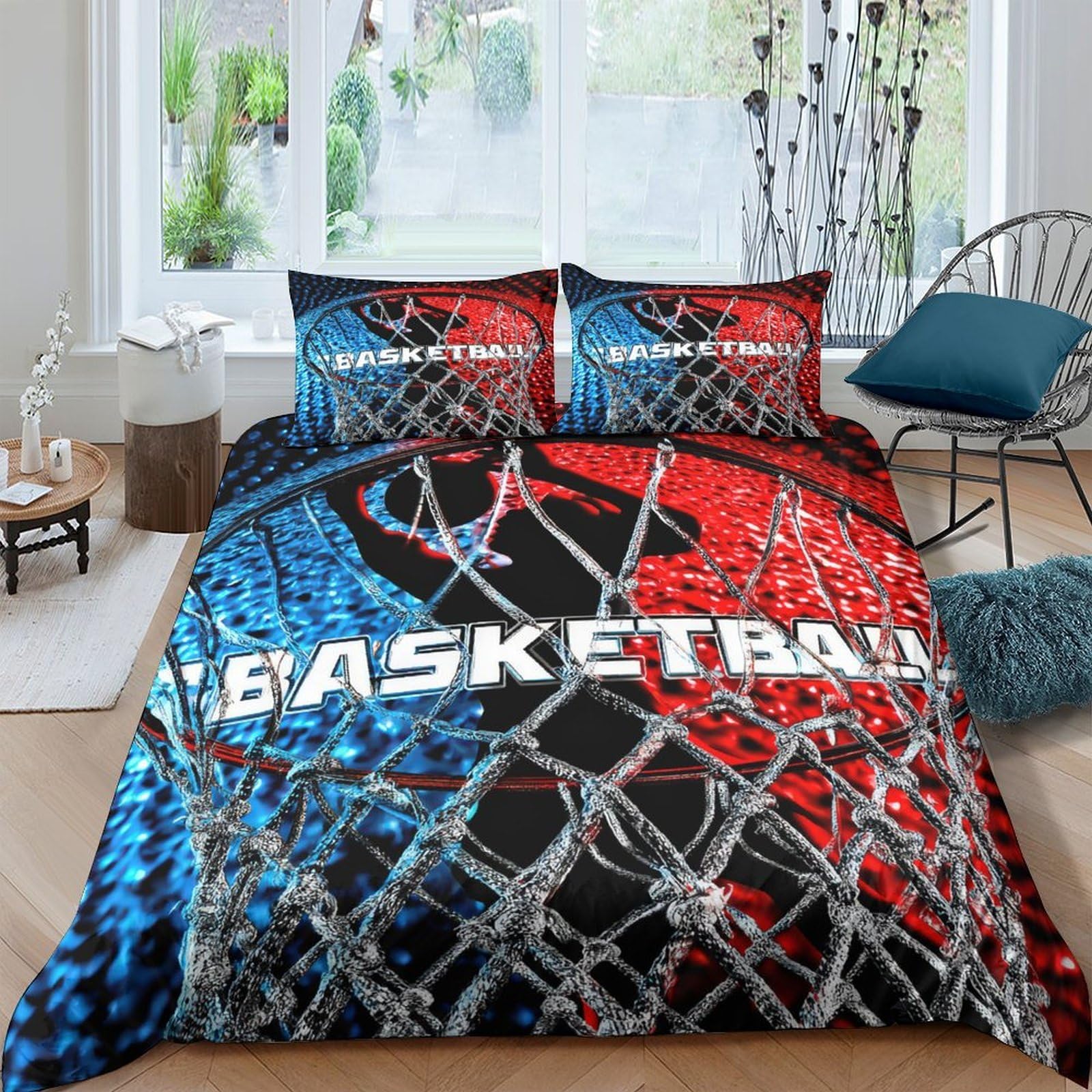 GPLZQXKJNH 3D Printed Basketball Net Duvet Cover Microfiber Red Blue Bedding Set with 2 Pillowcases for Bedroom Decor Single（135x200cm）