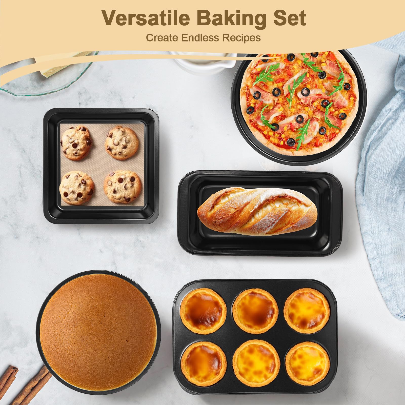 5-teiliges Antihaft-Backformen-Set – schwerer Karbonstahl, schwarz – inklusive Kuchen, Toast, Pizza, quadratisch und Muffinformen – ofen- und spülmaschinenfest